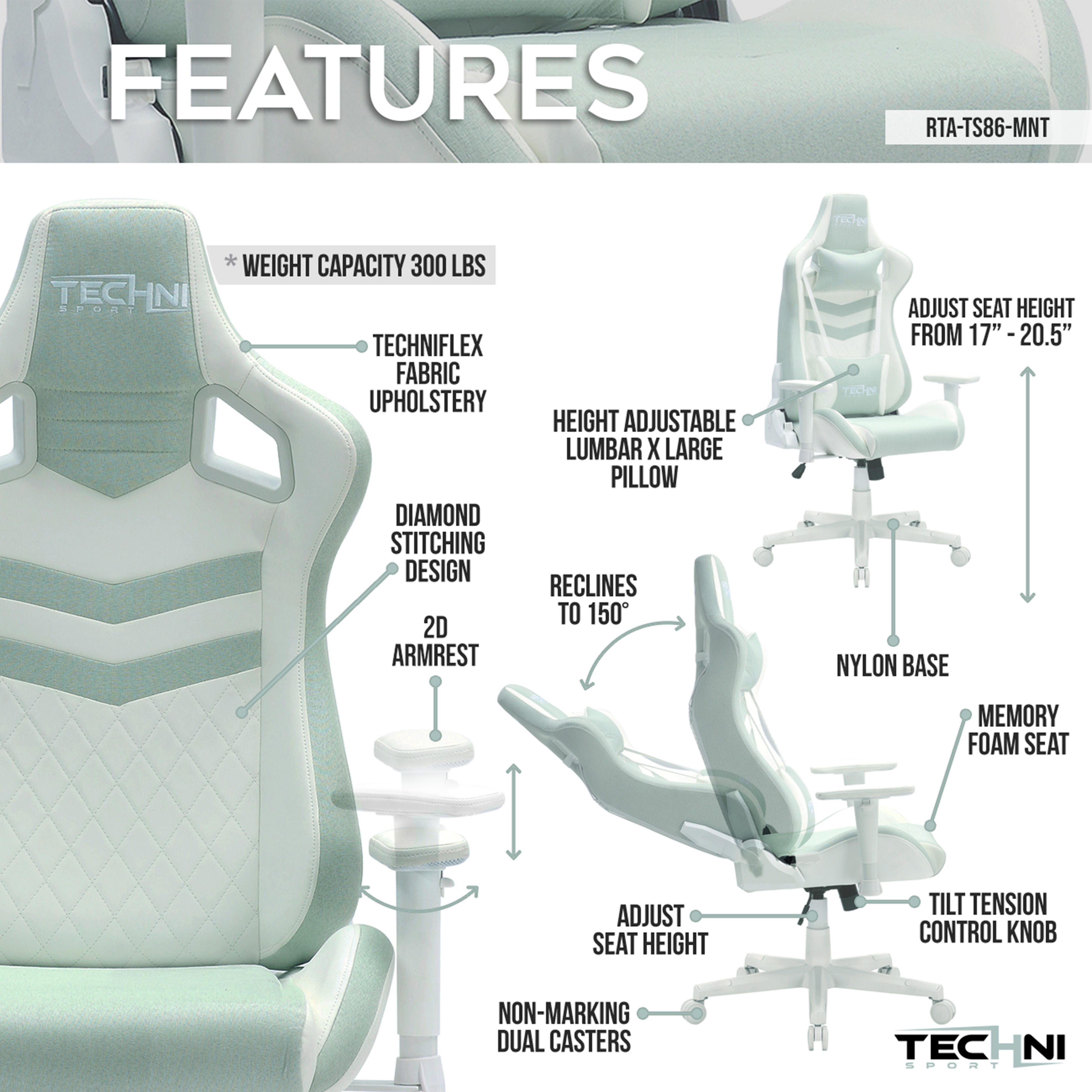 Techni Sport Ergonomic Gaming Chair, Mint, large