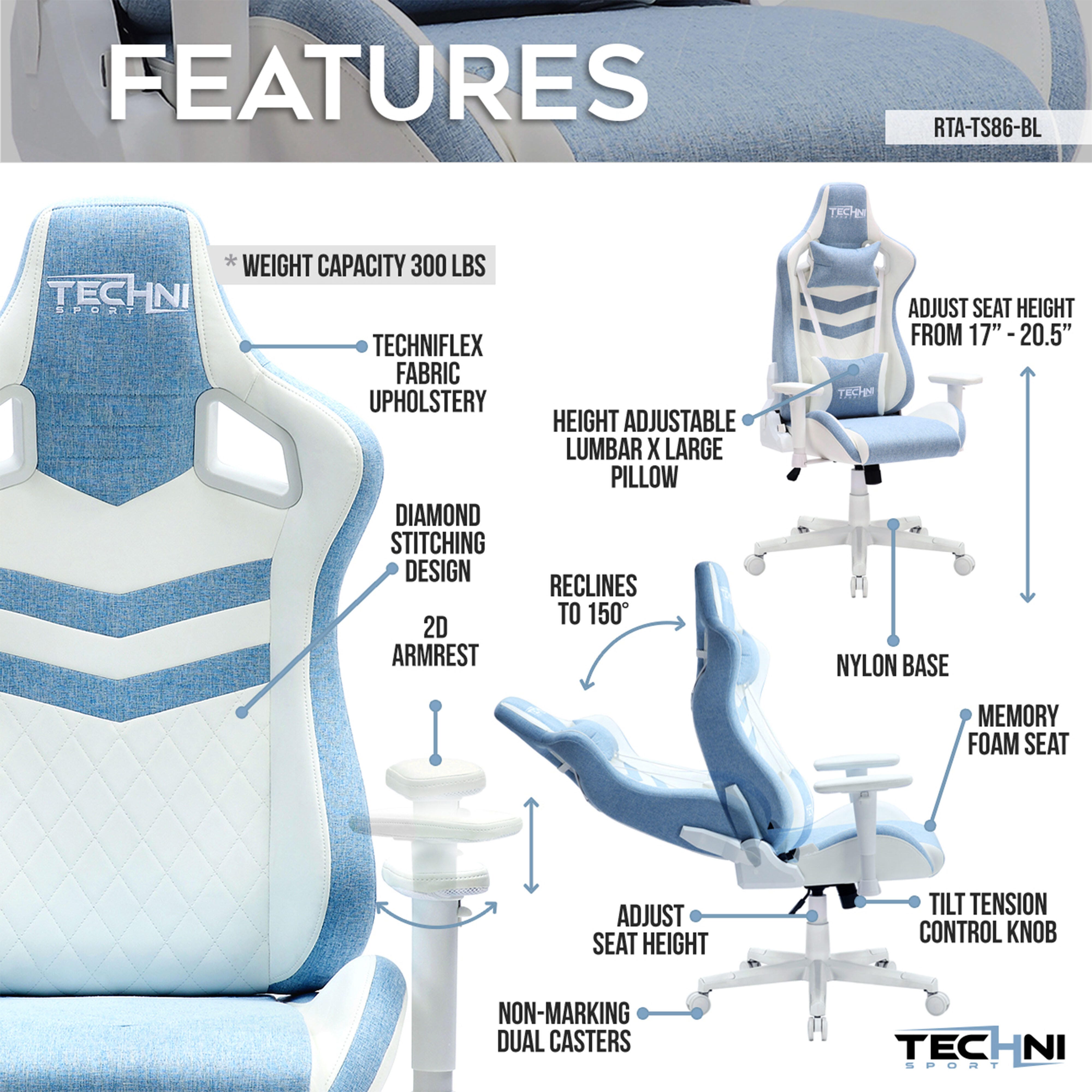 Techni Sport Ergonomic Gaming Chair, Blue, large