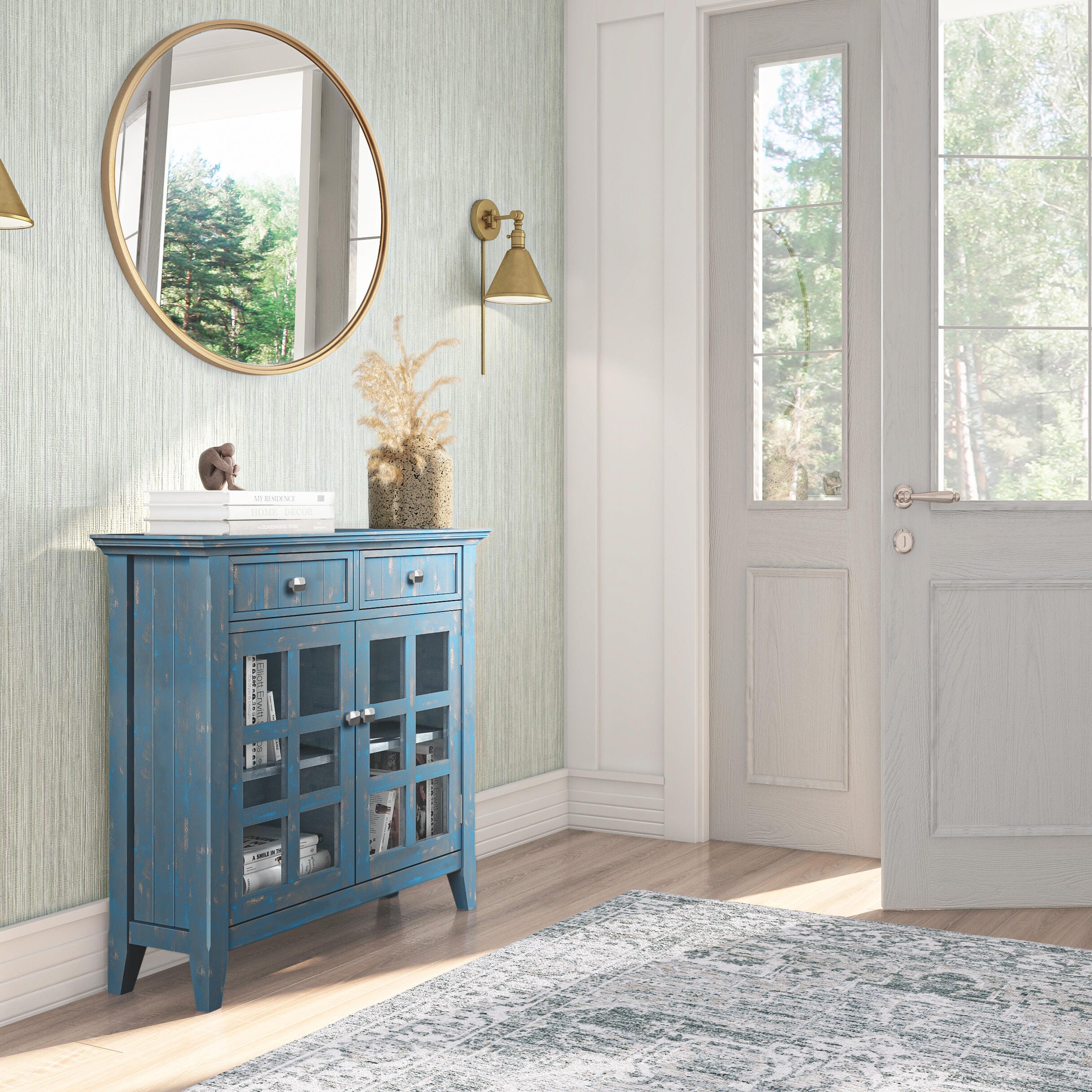 Simpli Home Acadian 36" Accent Cabinet, Distressed Coastal Blue, rollover