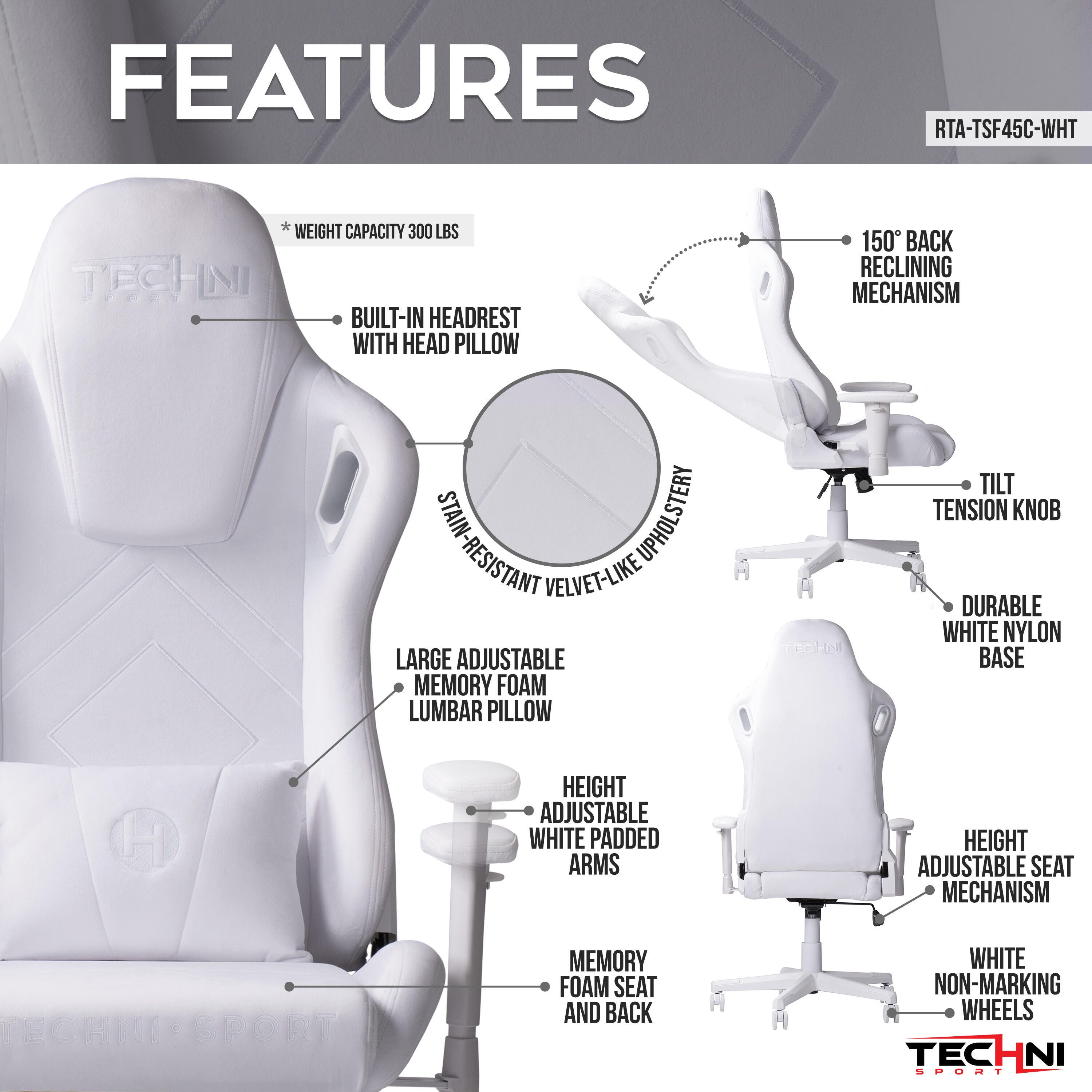 Techni Sport Gaming Chair, White, large