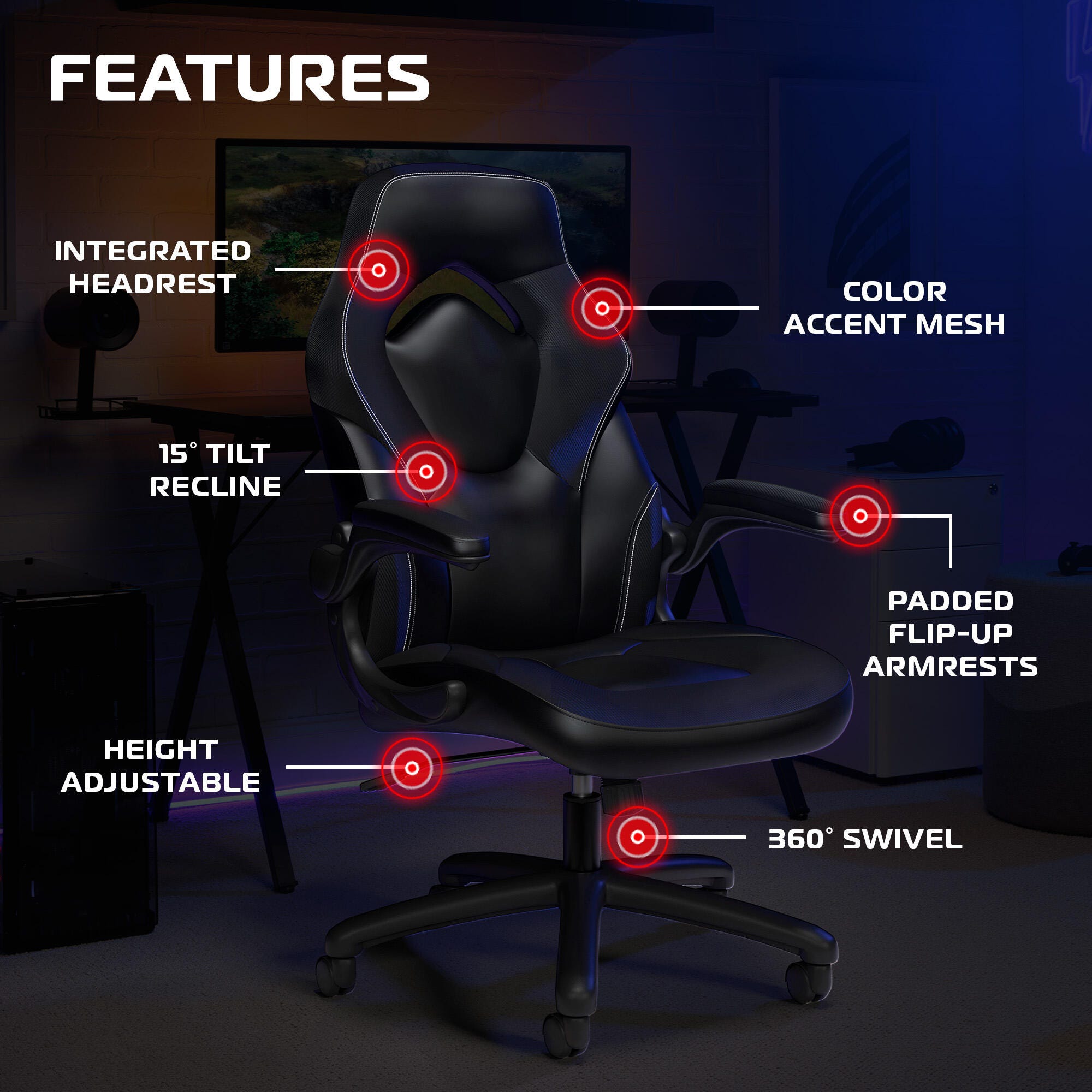 RESPAWN 3085 Ergonomic Gaming Chair, Black, large