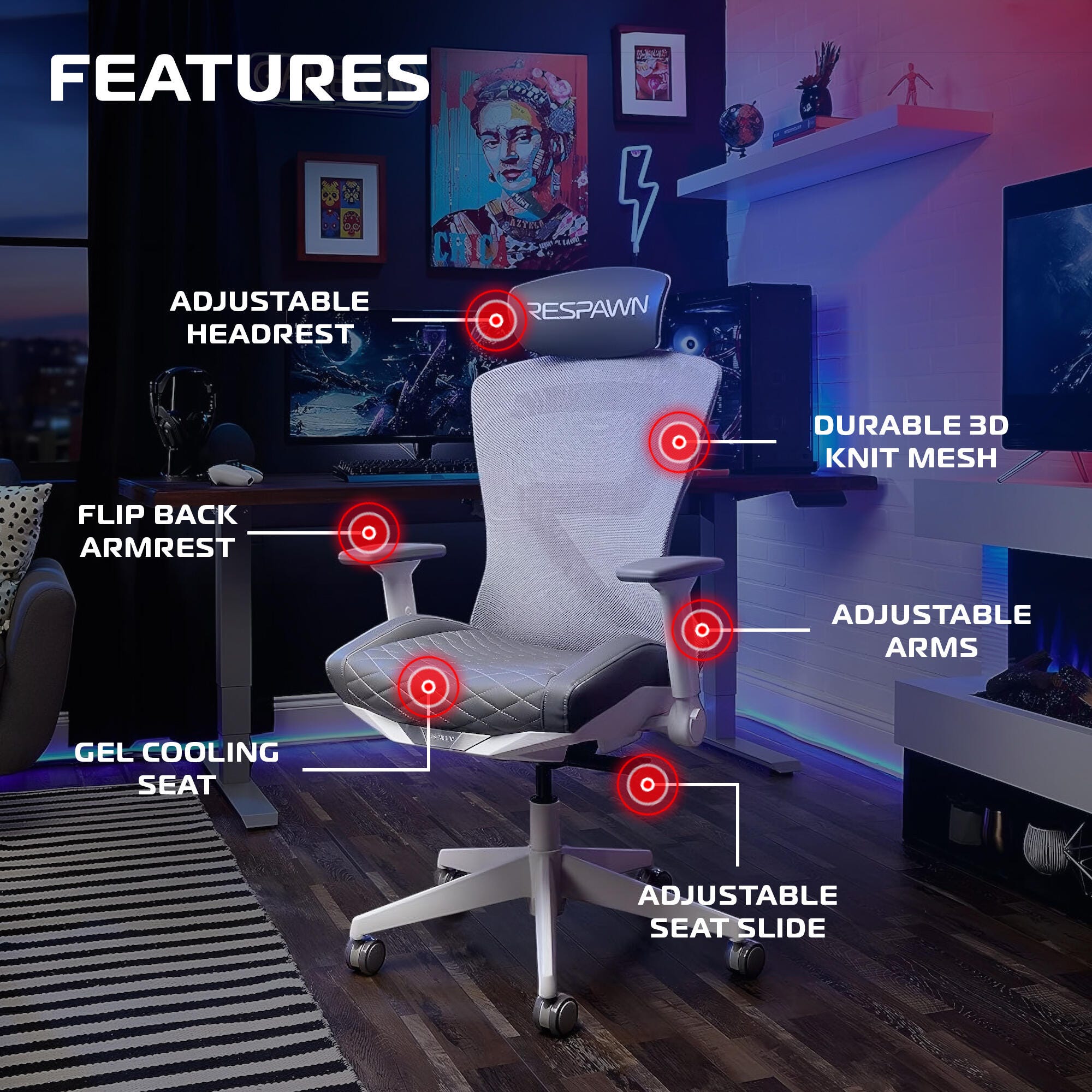 RESPAWN SPIRE Mesh Gaming Chair, White, large