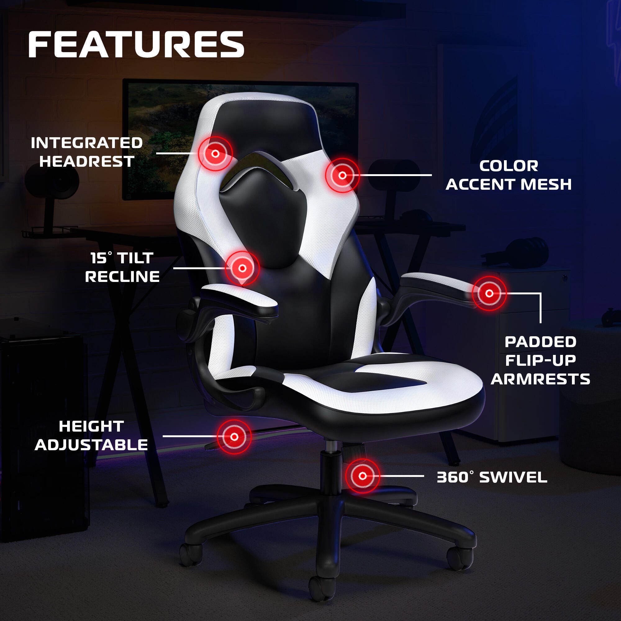 RESPAWN 3085 Ergonomic Gaming Chair, White, large