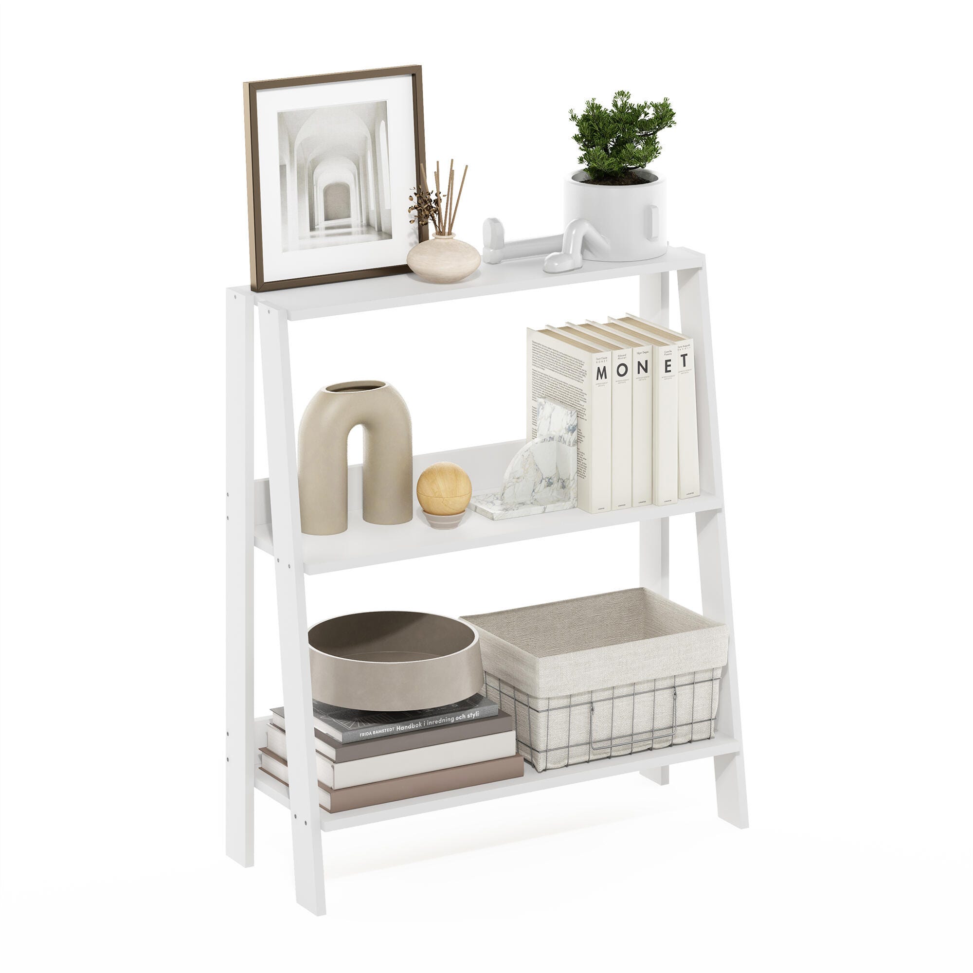Furinno 27" Ladder Bookcase, White, large