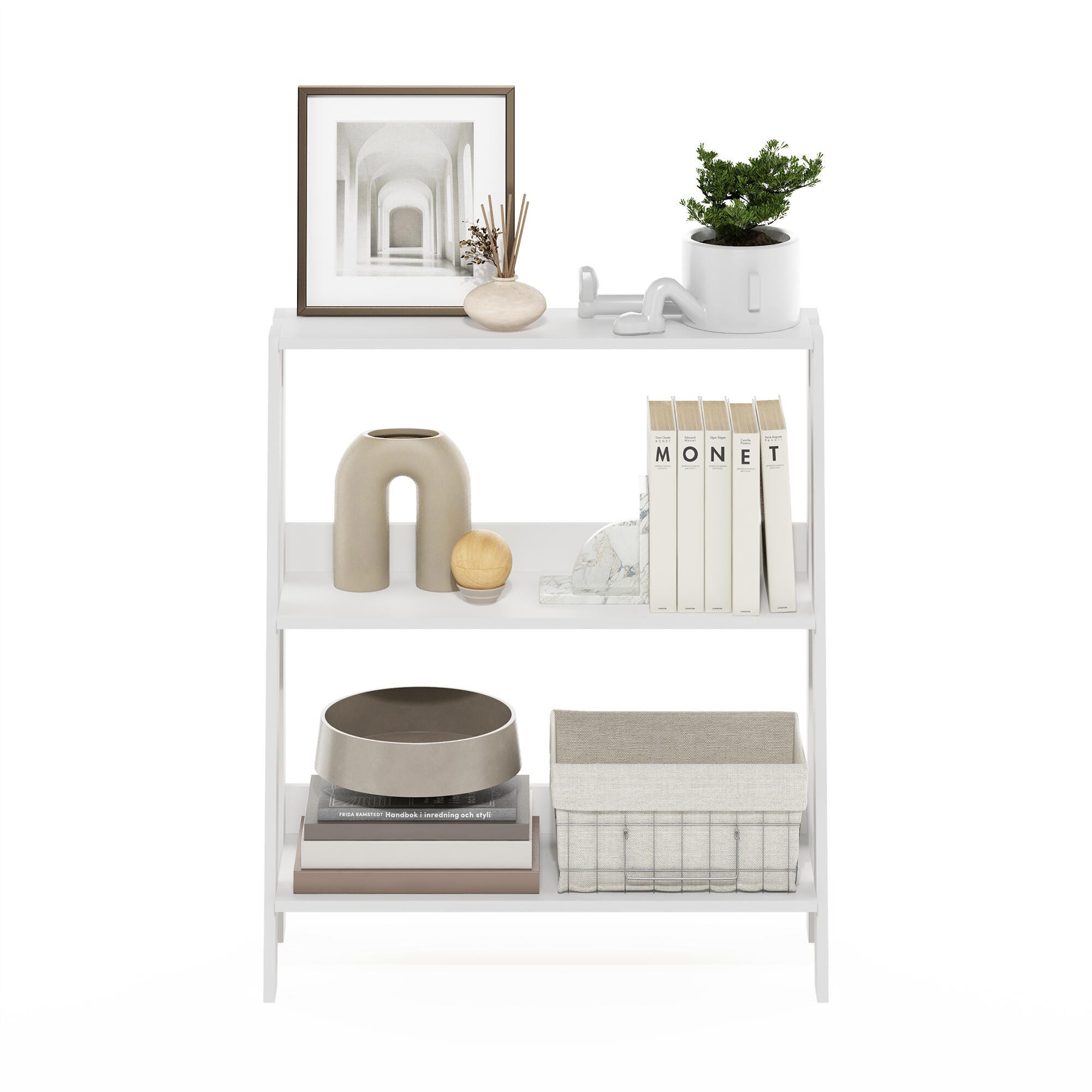 Furinno 27" Ladder Bookcase, White, large