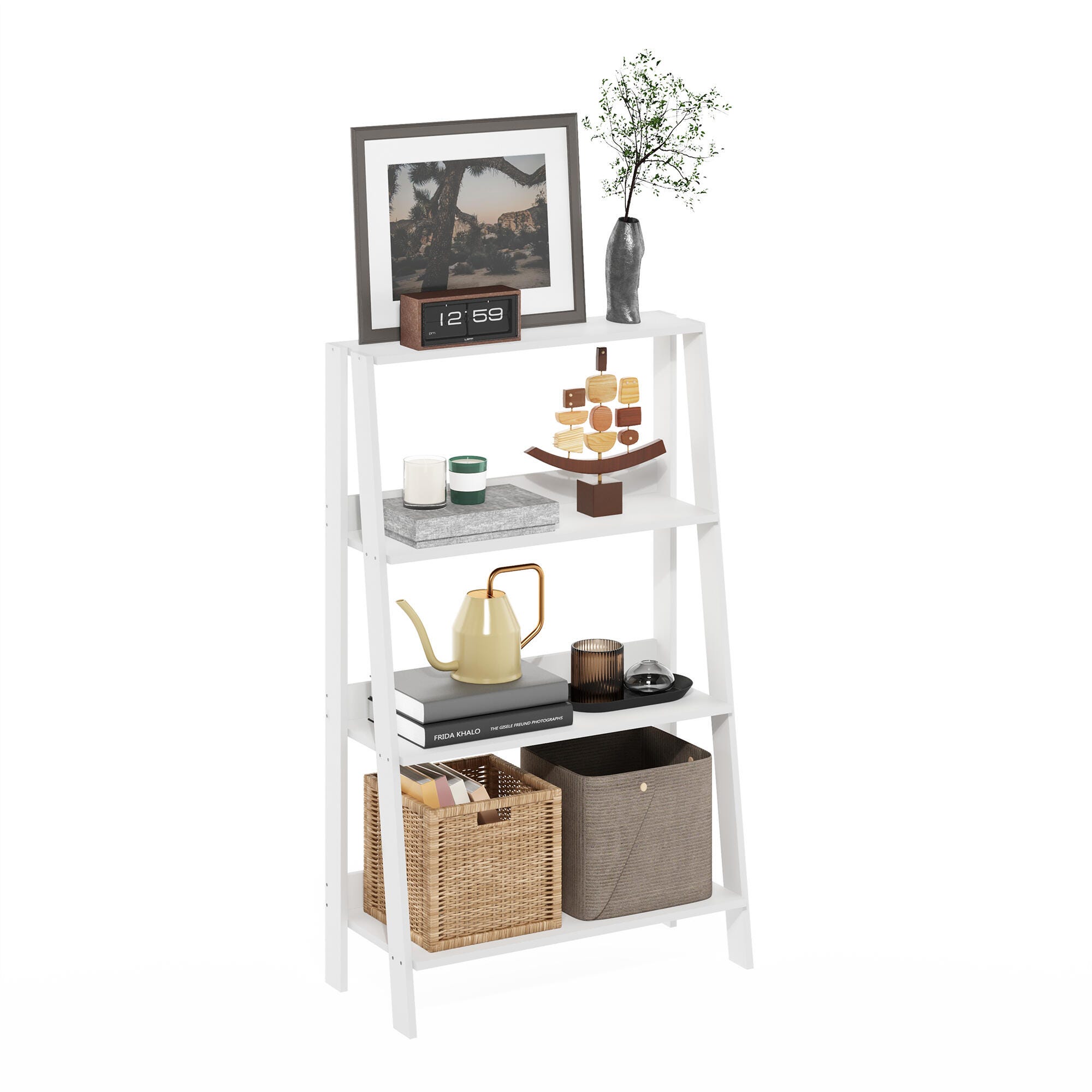 Furinno 38" Ladder Bookcase, White, large