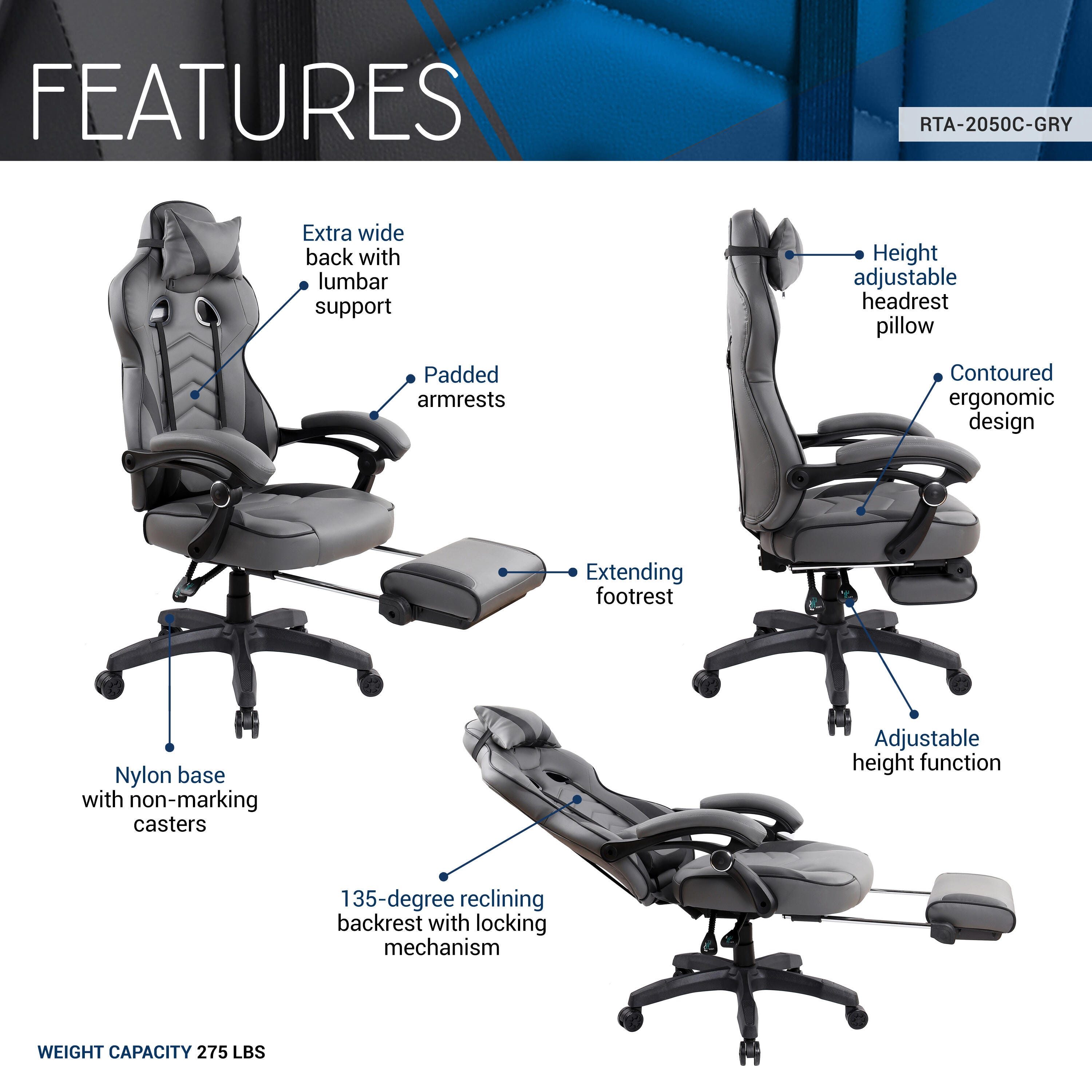 Techni Mobili Reclining Executive Office Chair with Footrest, , large