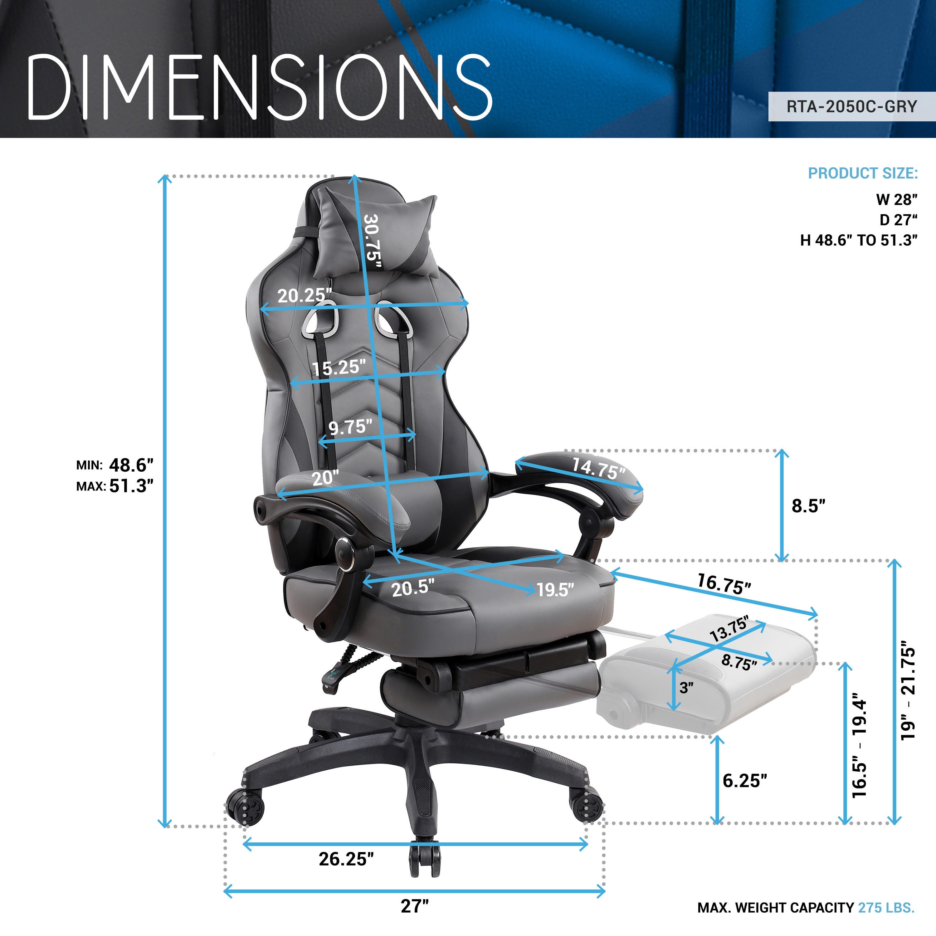 Techni Mobili Reclining Executive Office Chair with Footrest, , large