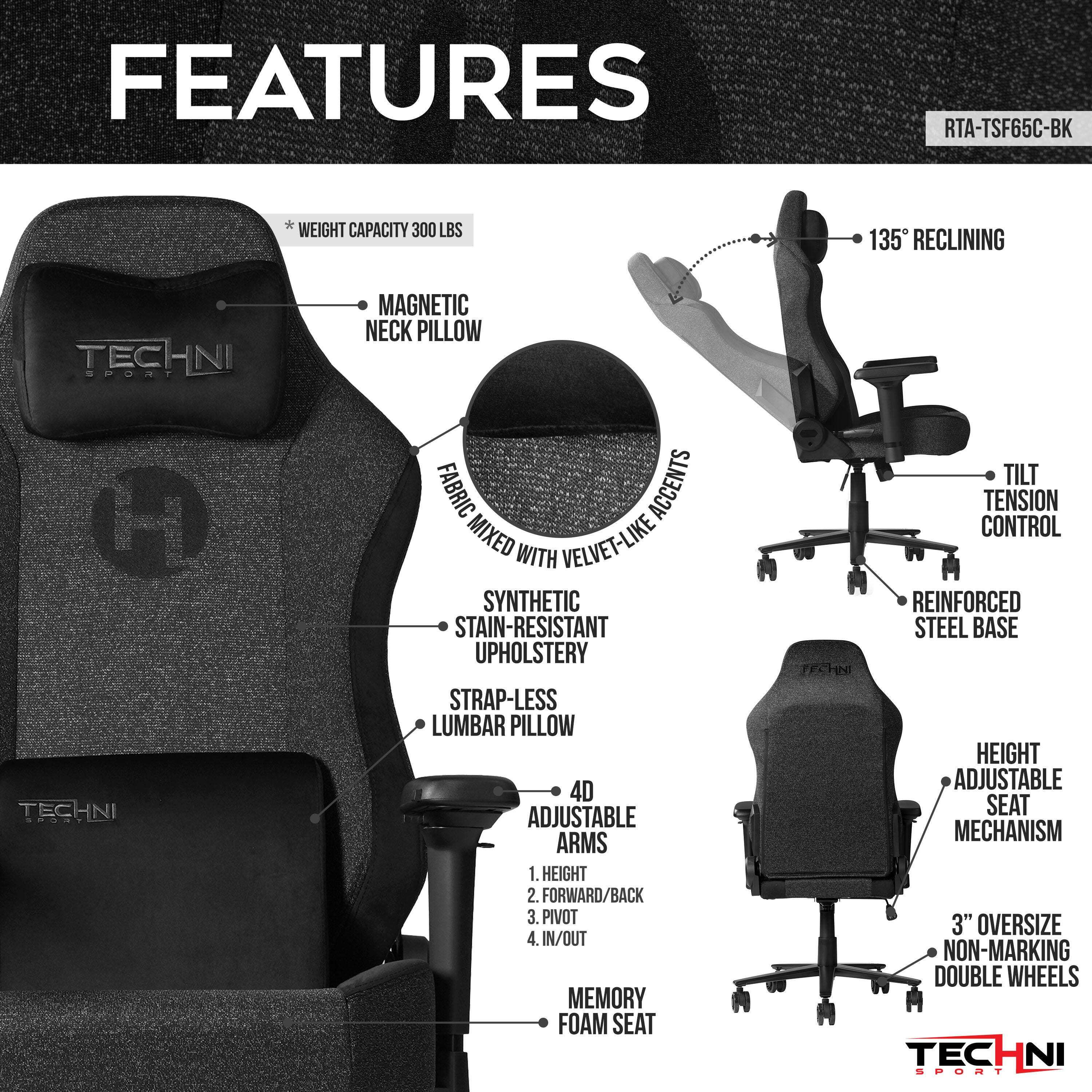 Techni Sport Gaming Chair, Black, large