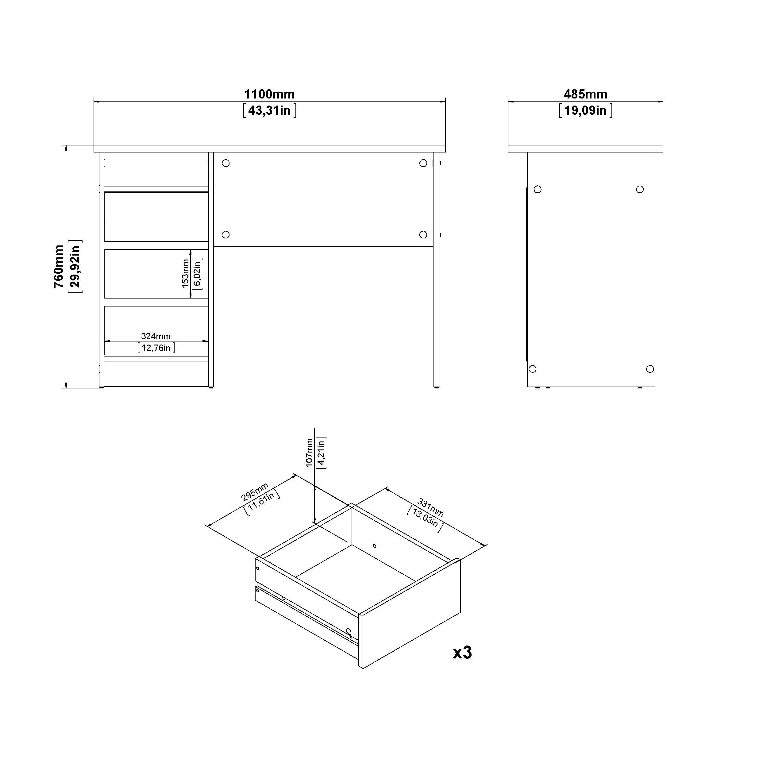 Wes Writing Desk with 3 Storage Drawers, , large