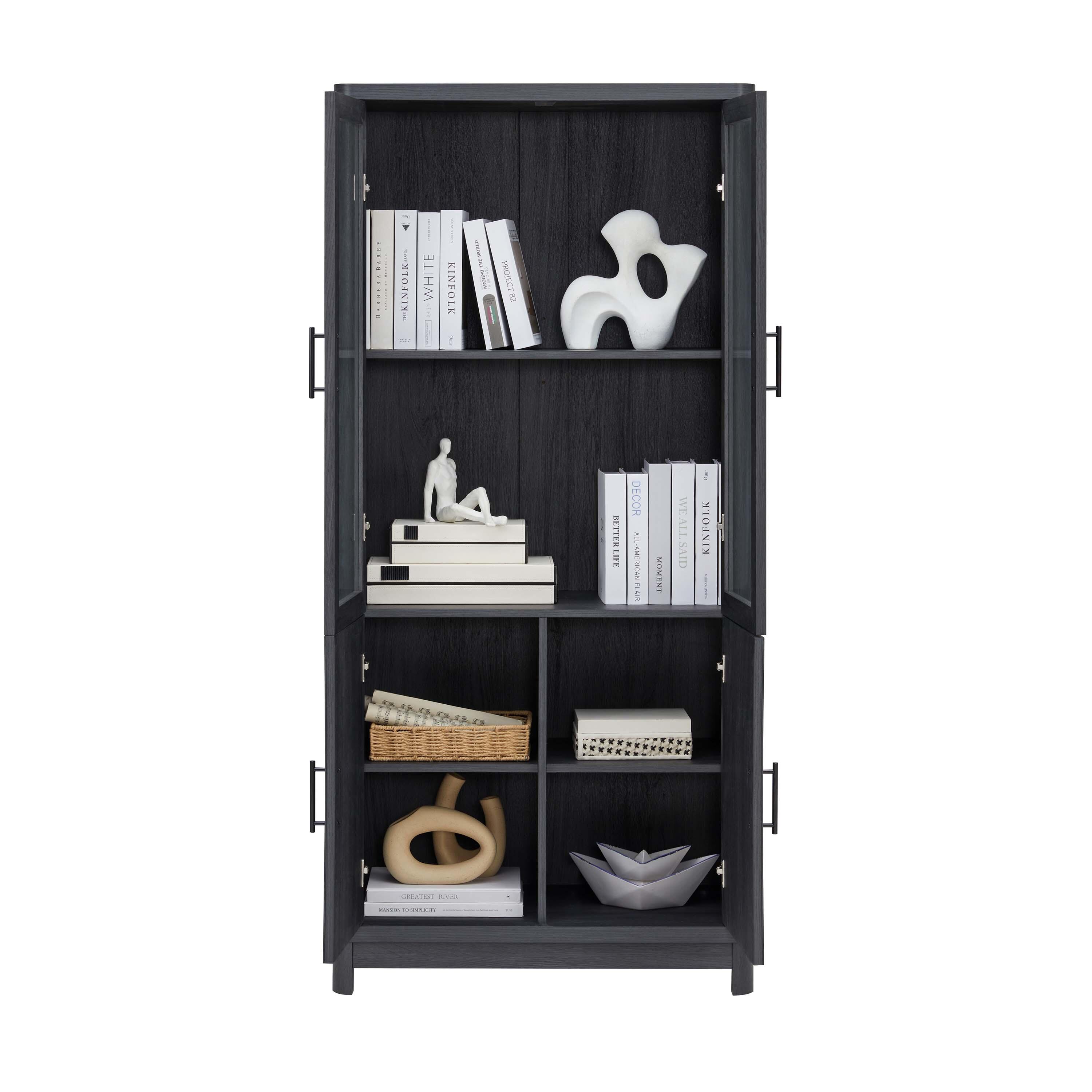 Manhattan Comfort Jodie 68" Bookcase With Tempered Glass Doors, Charcoal Gray, large
