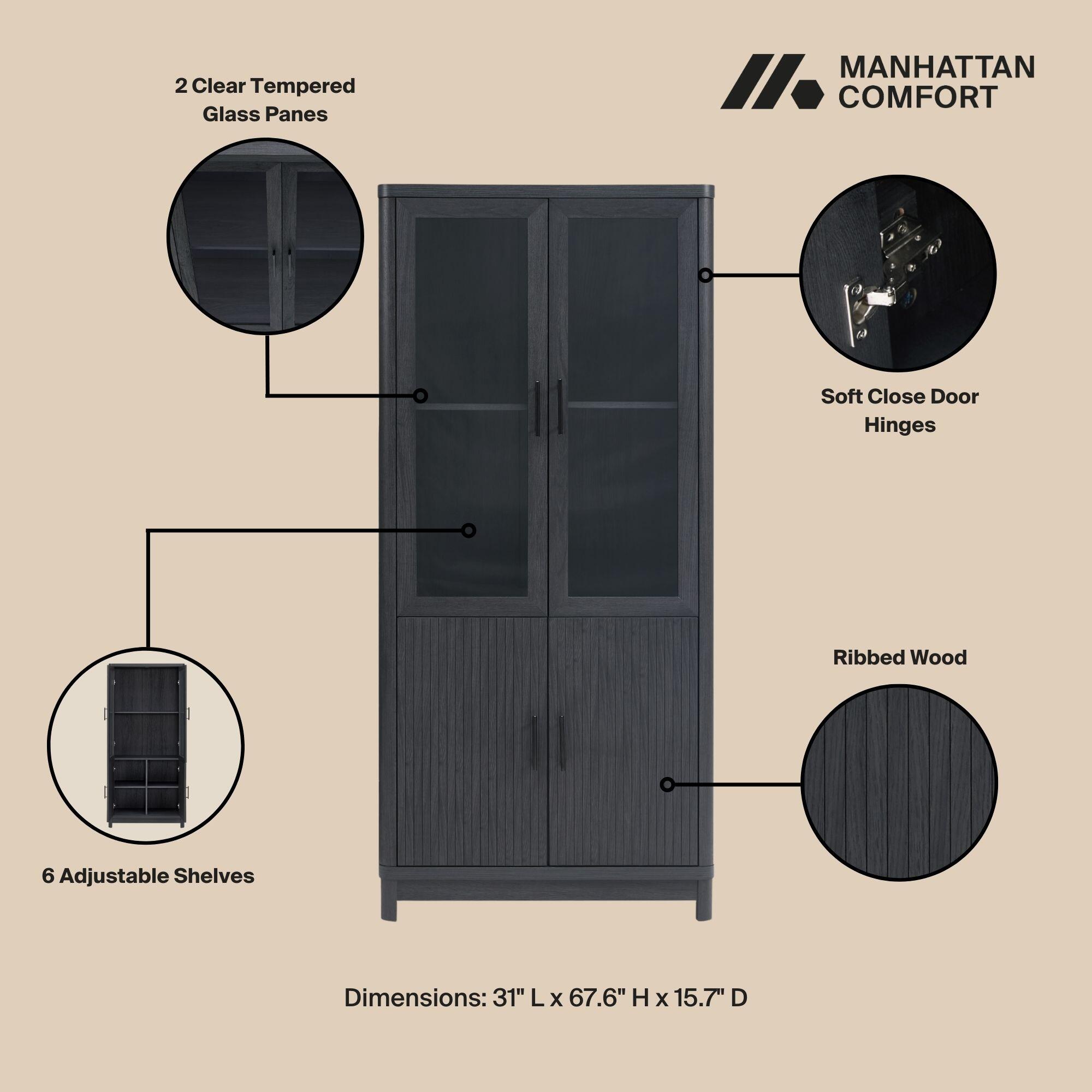 Manhattan Comfort Jodie 68" Bookcase With Tempered Glass Doors, Charcoal Gray, large