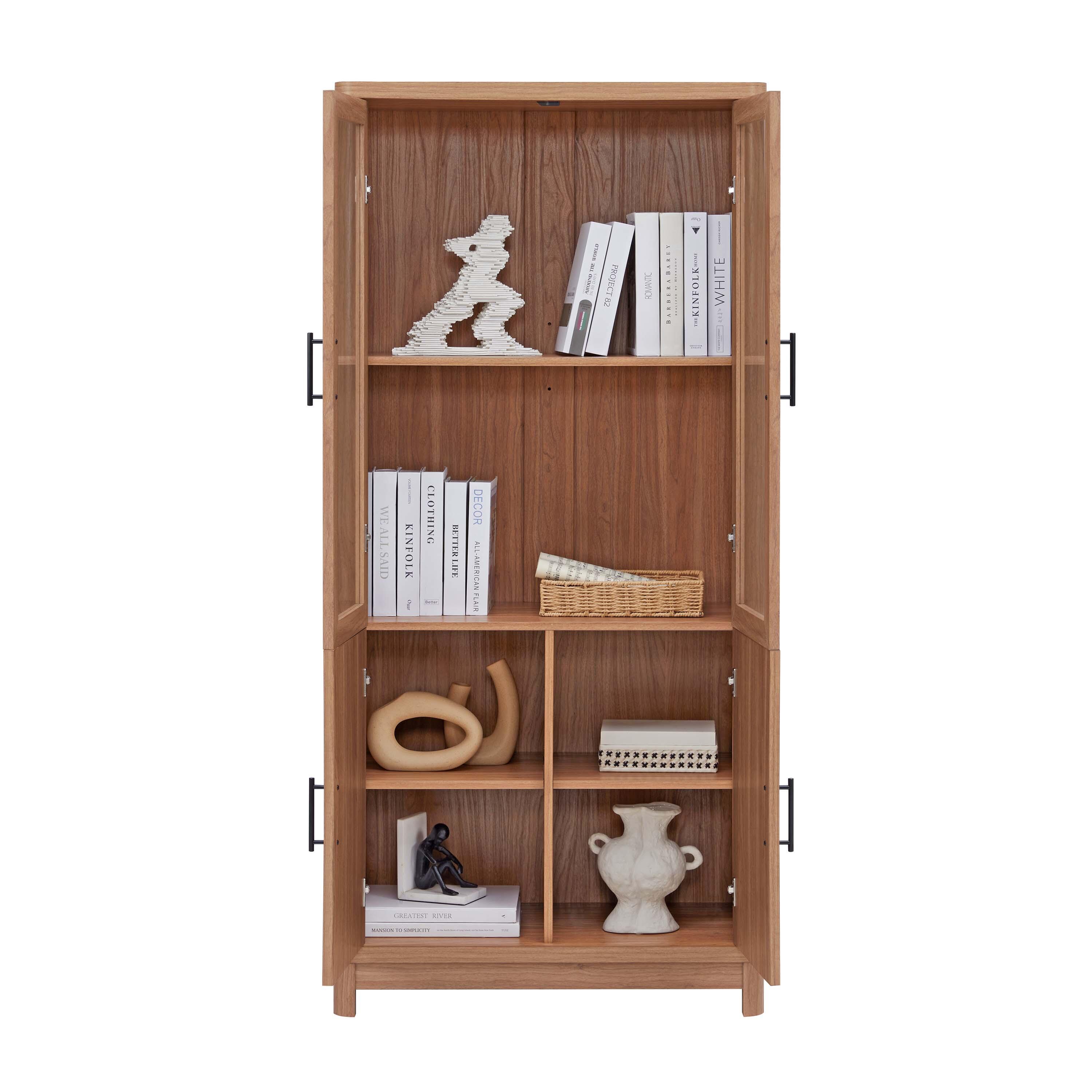 Manhattan Comfort Jodie 68" Bookcase With Tempered Glass Doors, Maple, large