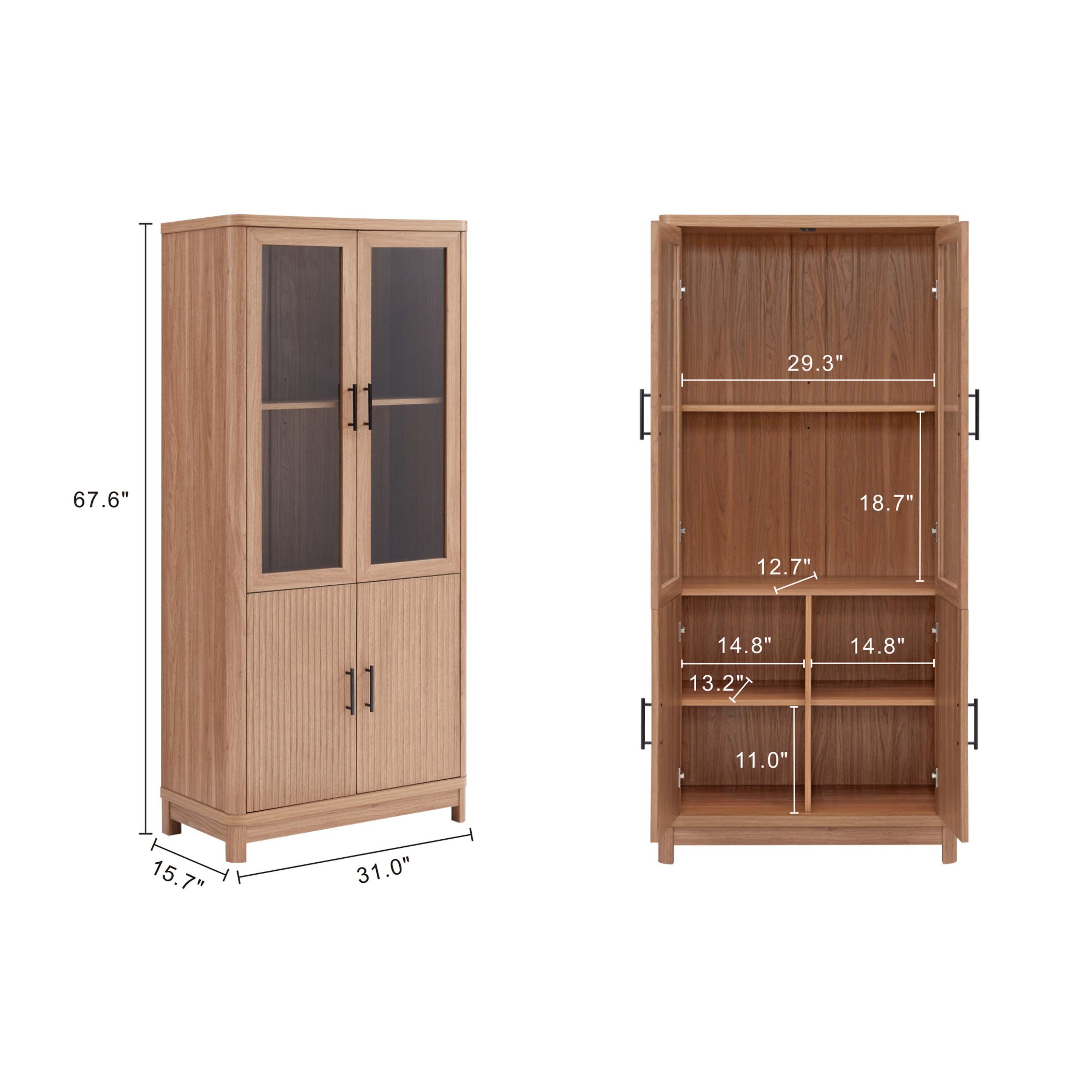 Manhattan Comfort Jodie 68" Bookcase With Tempered Glass Doors, Maple, large