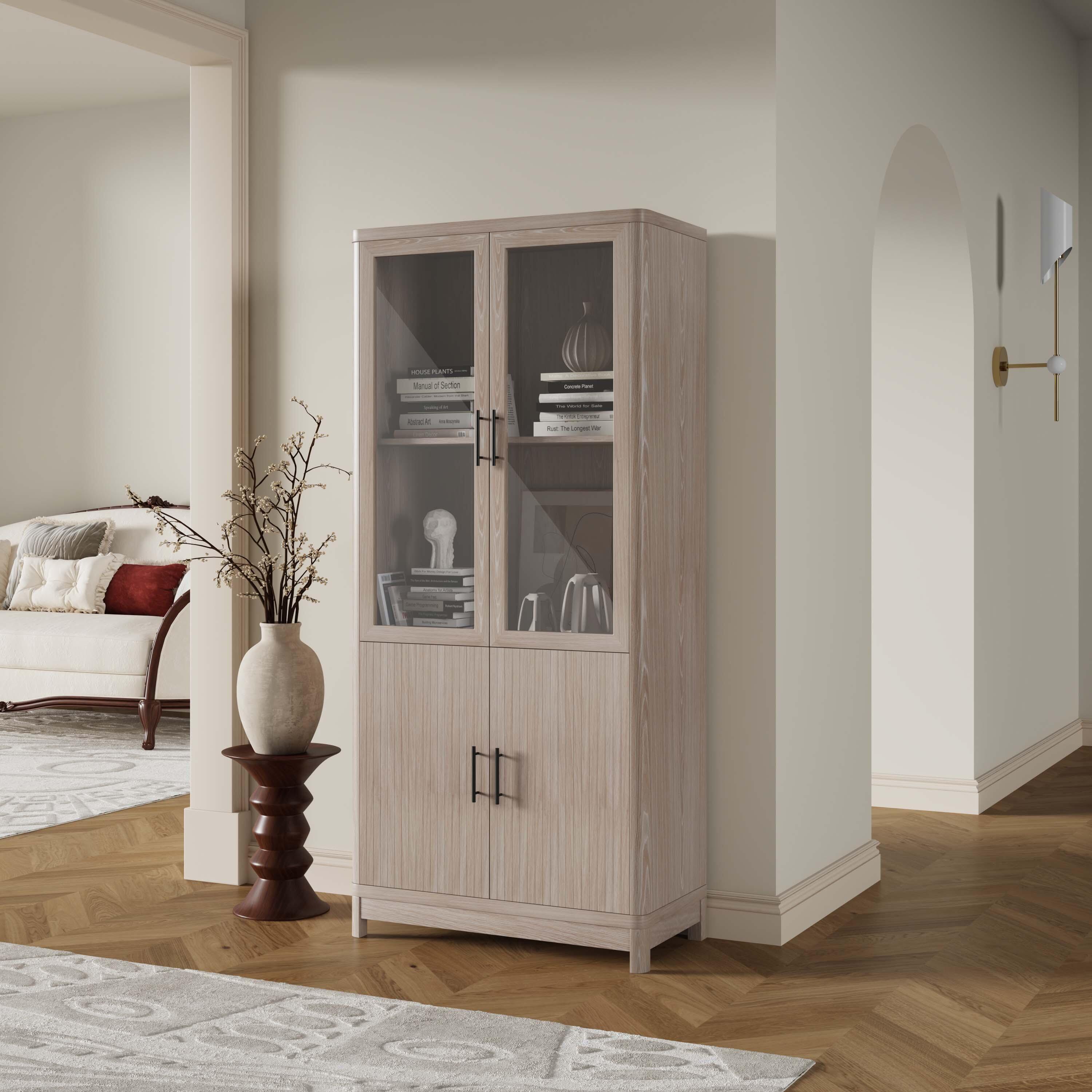 Manhattan Comfort Jodie 68" Bookcase With Tempered Glass Doors, White Washed Oak, rollover