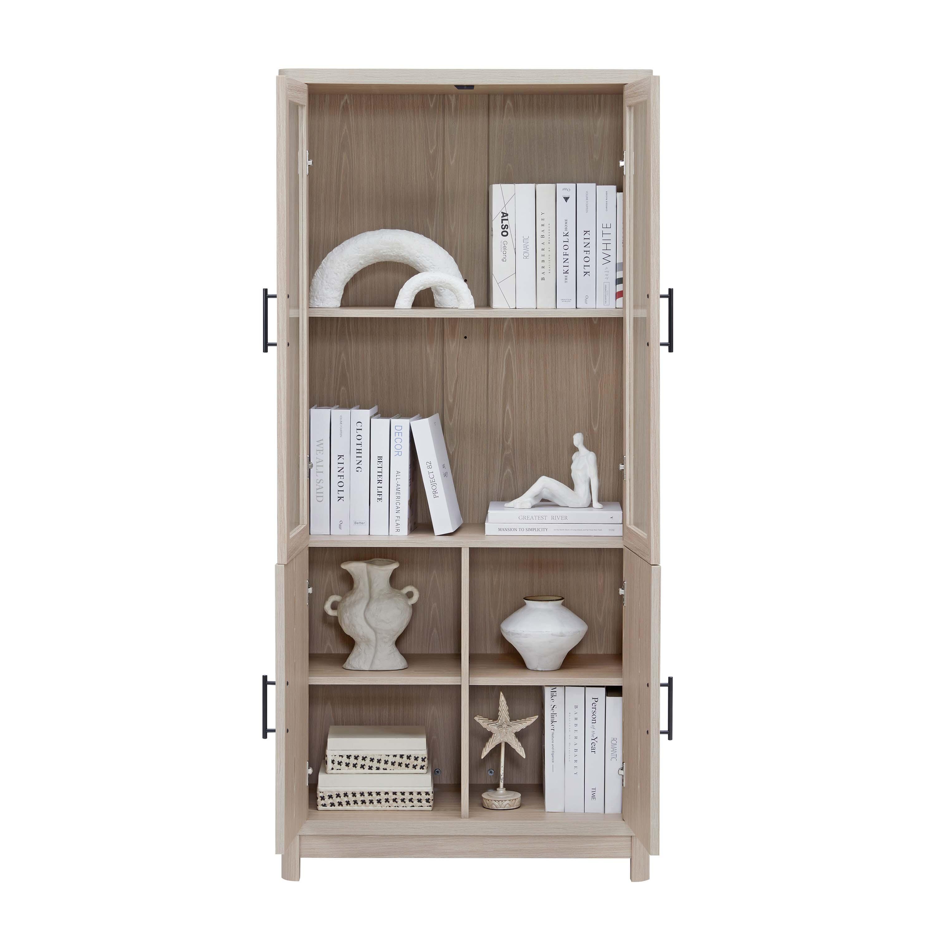 Manhattan Comfort Jodie 68" Bookcase With Tempered Glass Doors, White Washed Oak, large