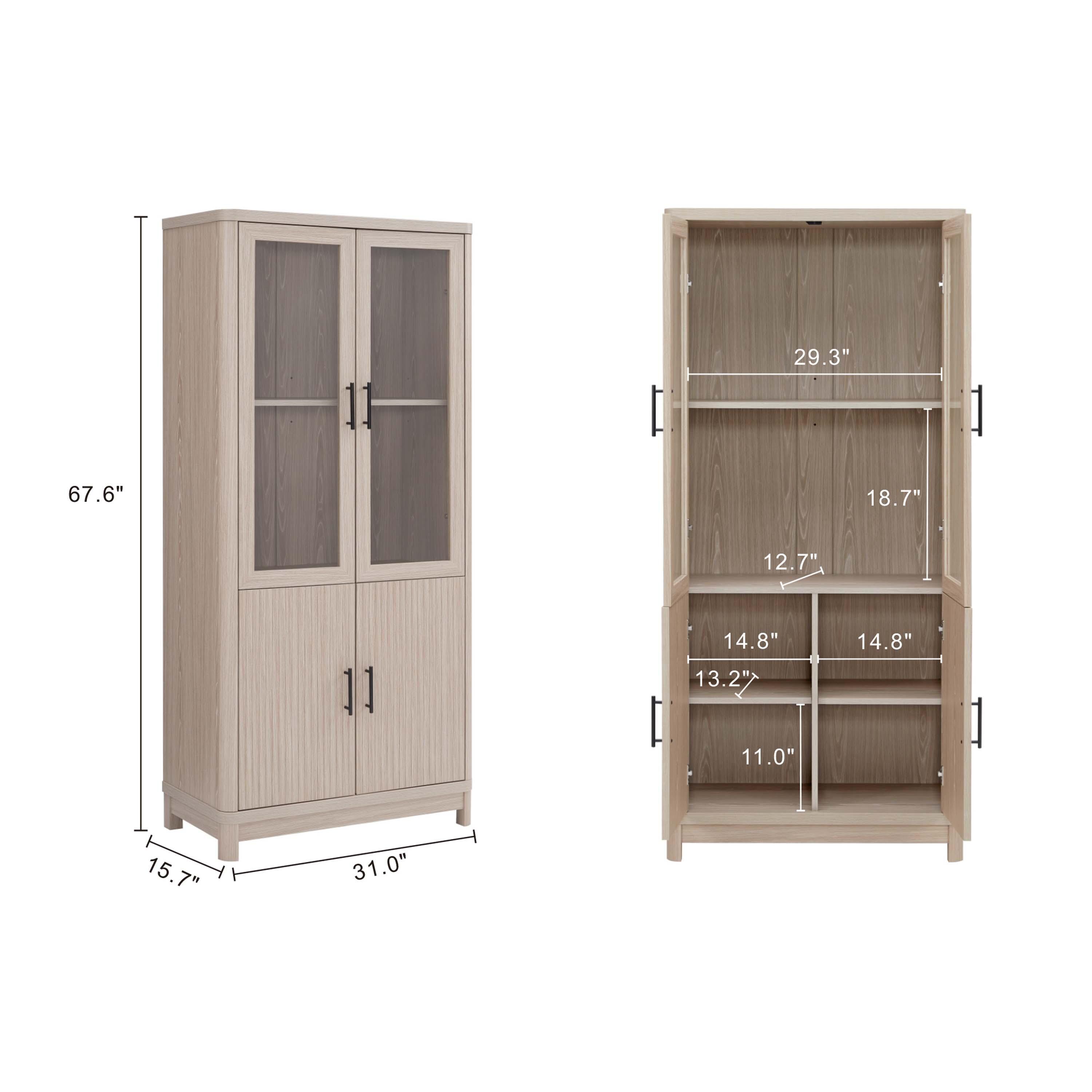 Manhattan Comfort Jodie 68" Bookcase With Tempered Glass Doors, White Washed Oak, large
