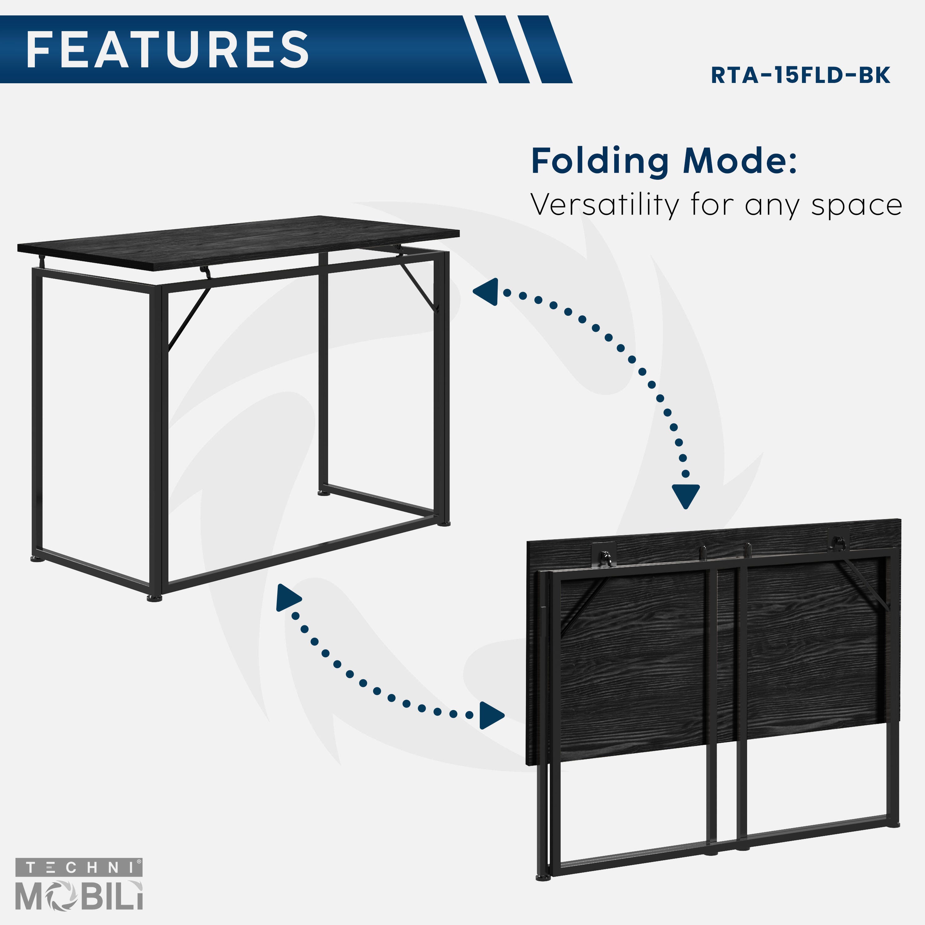 Techni Mobili 39" Home Office Folding Desk, Black, large