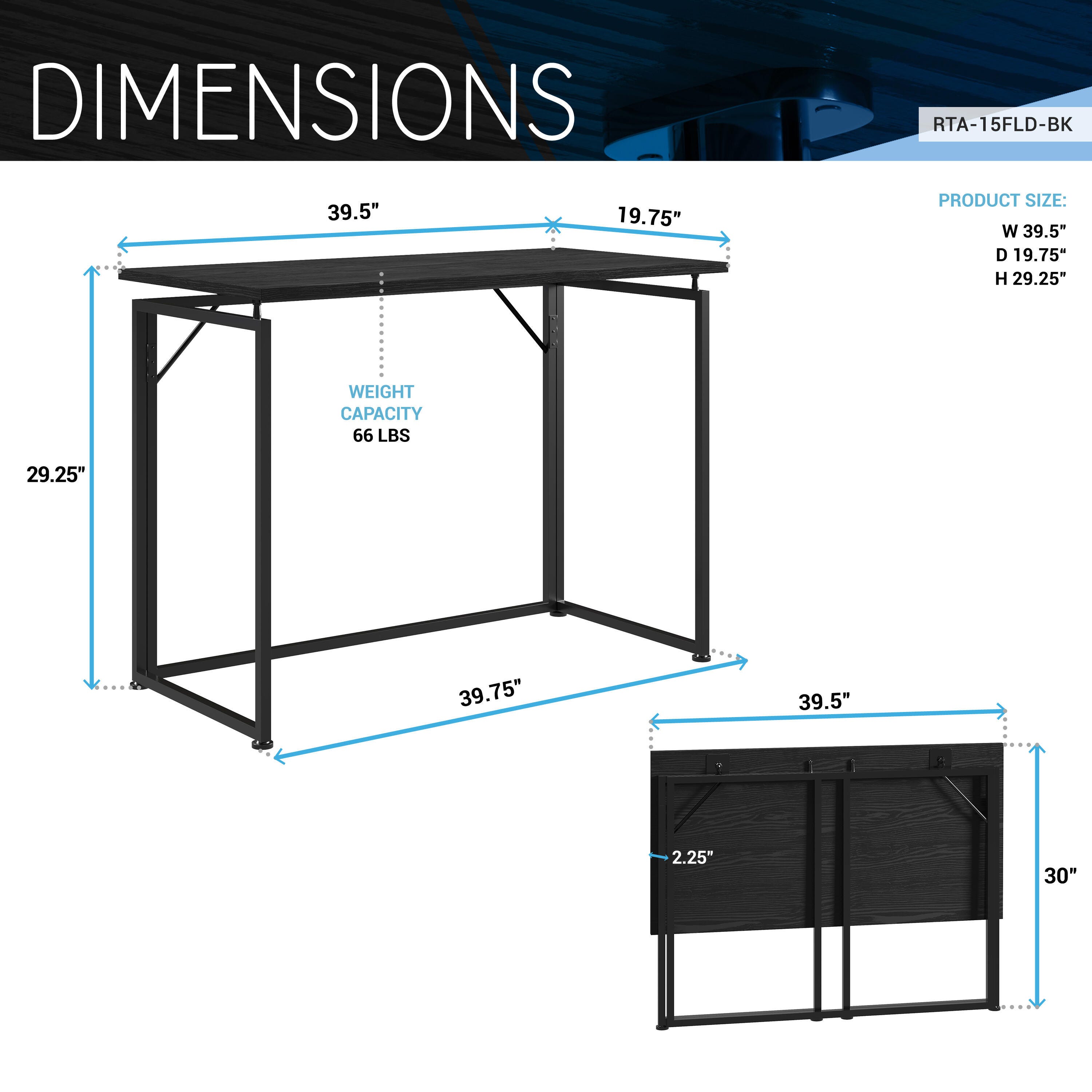 Techni Mobili 39" Home Office Folding Desk, Black, large