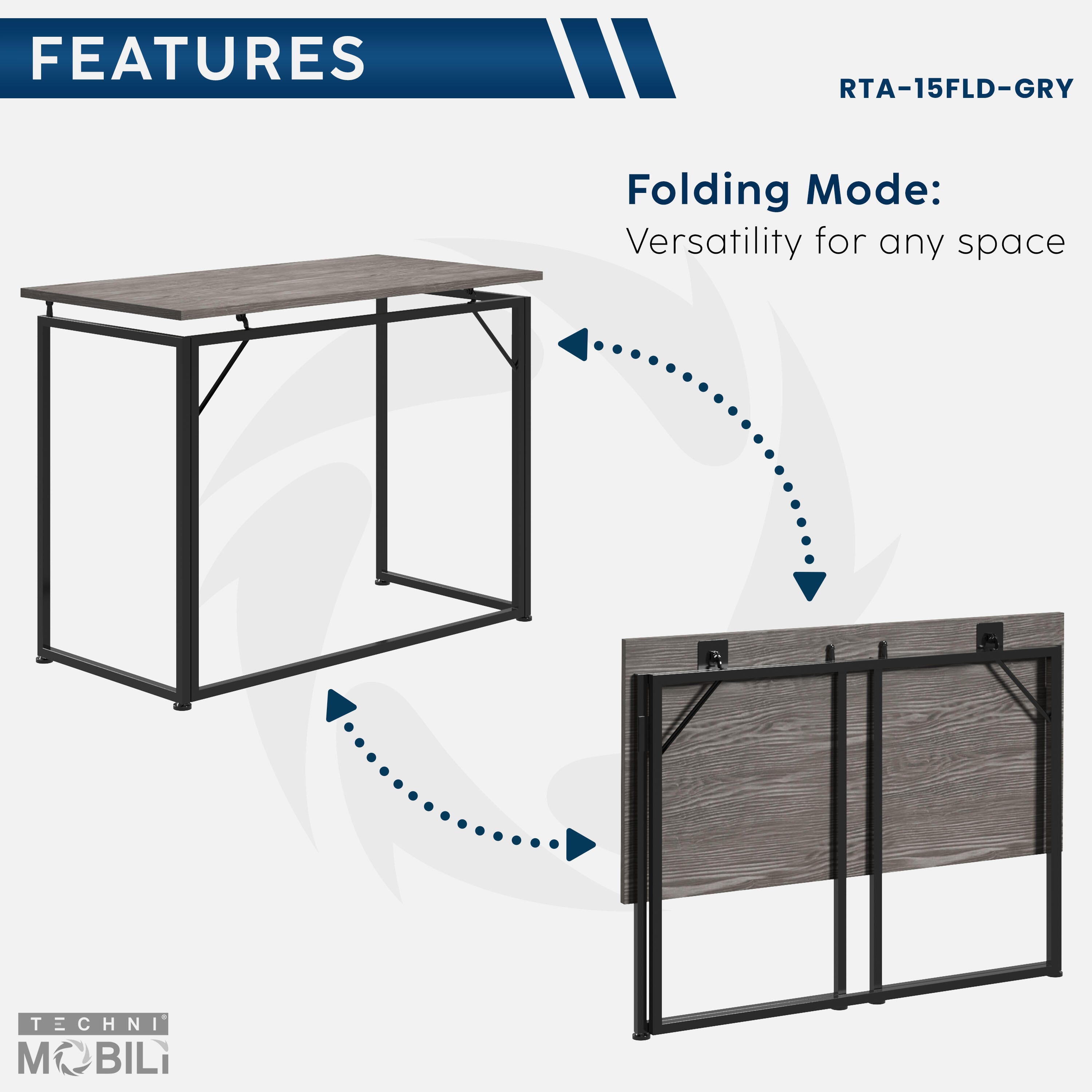 Techni Mobili 39" Home Office Folding Desk, Gray, large