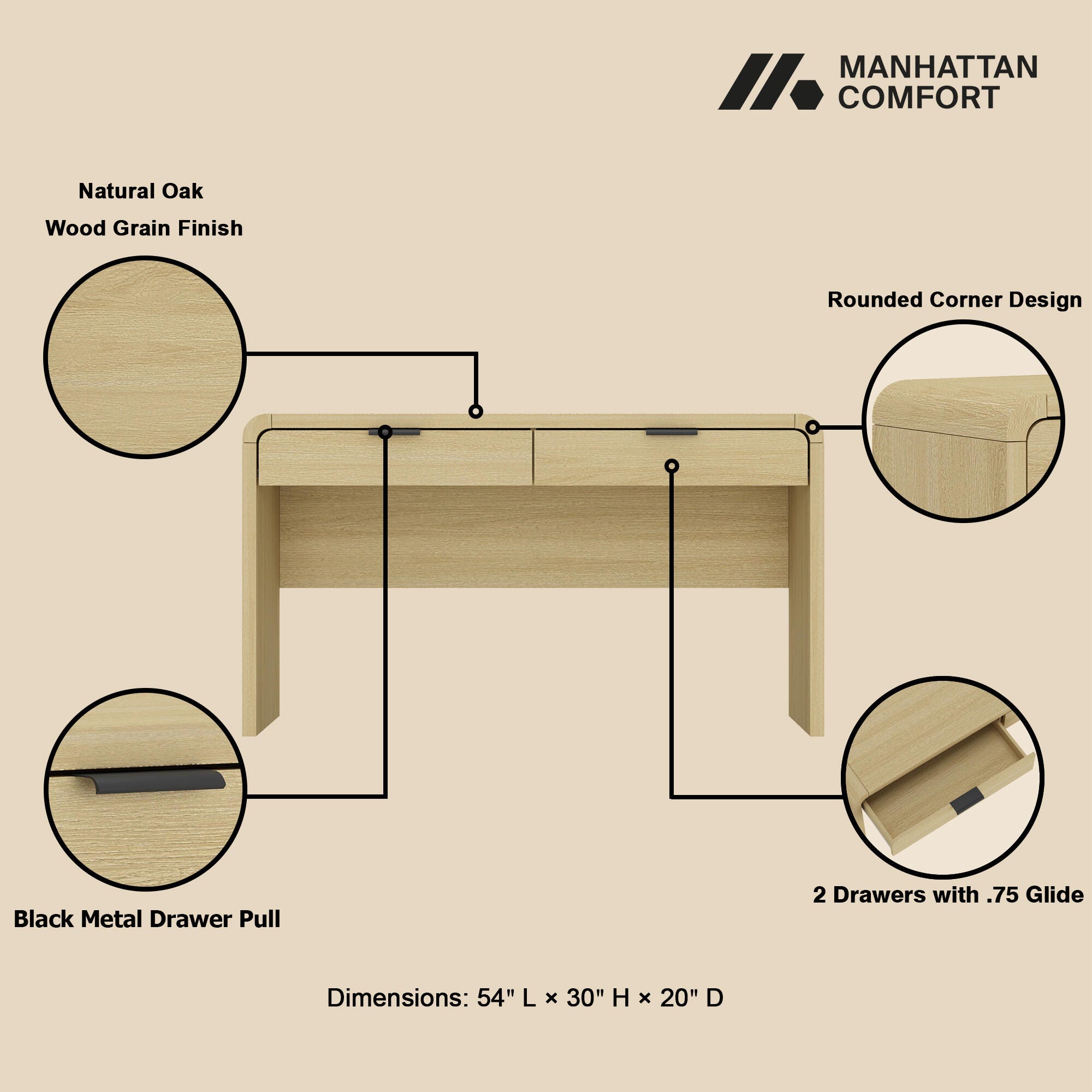 Manhattan Comfort Grace 20" Home Office Desk, Natural/Black, large