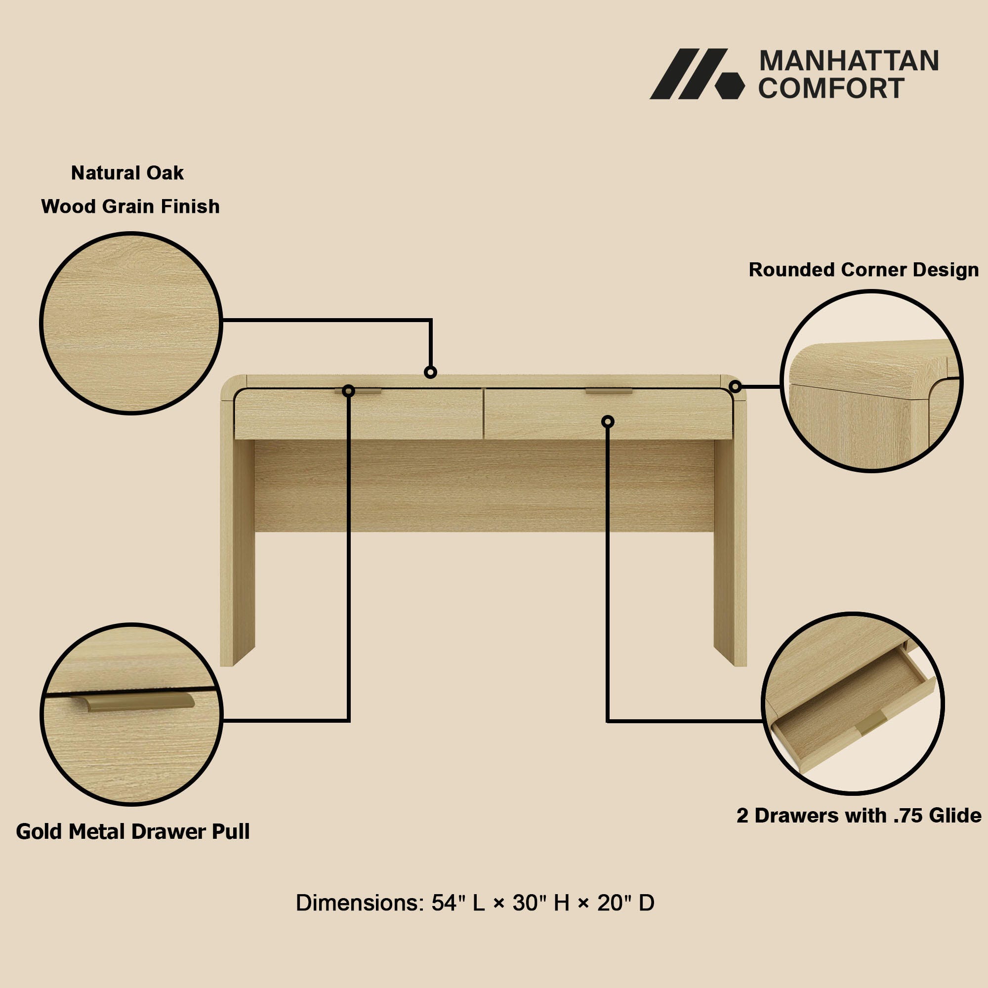 Manhattan Comfort Grace 20" Home Office Desk, Natural/Gold, large