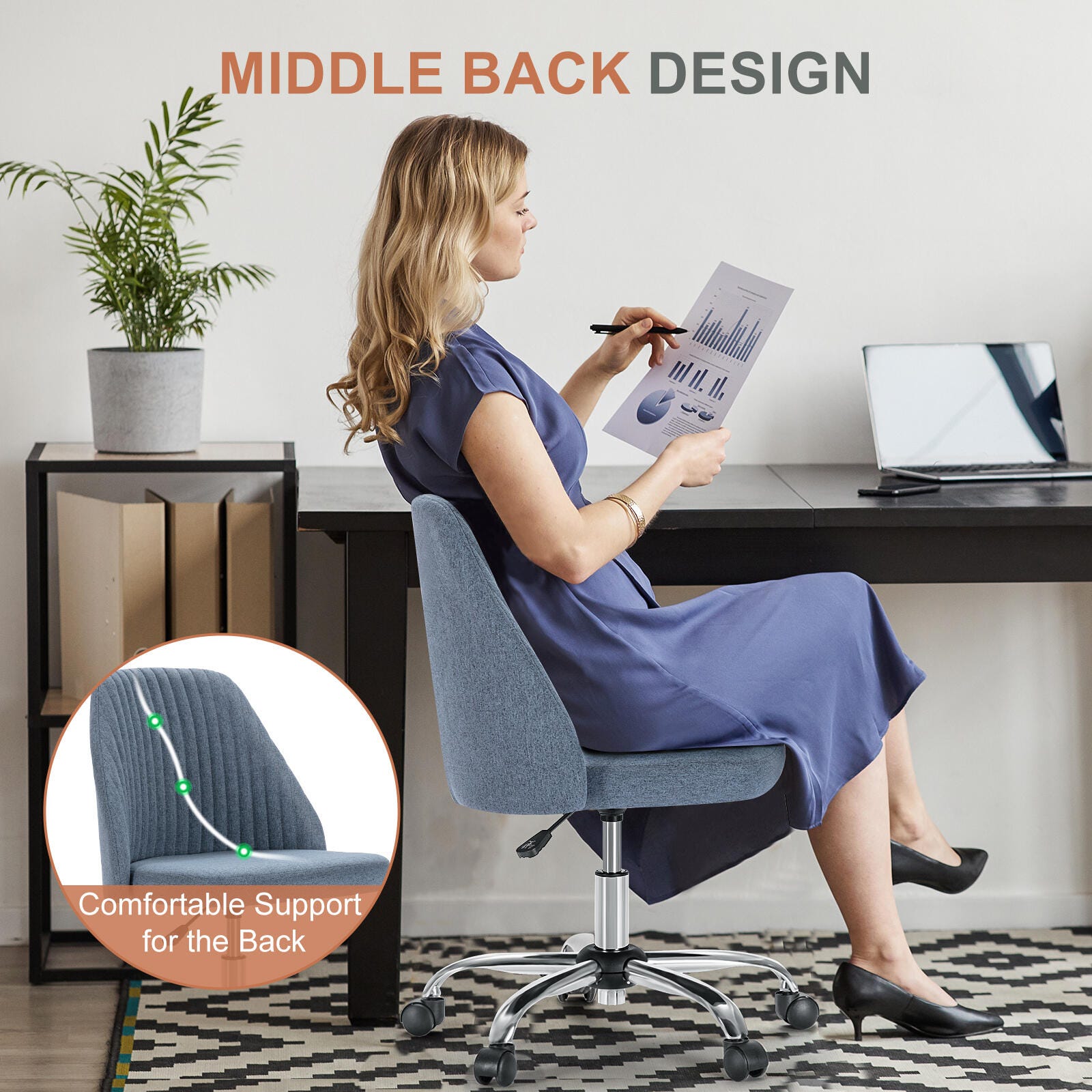 Dovelina Lexcy Armless Home Office Desk Chair, Blue, large