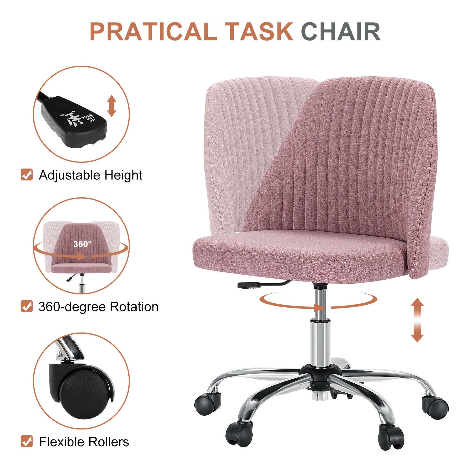 Dovelina Lexcy Armless Home Office Desk Chair, Pink, large