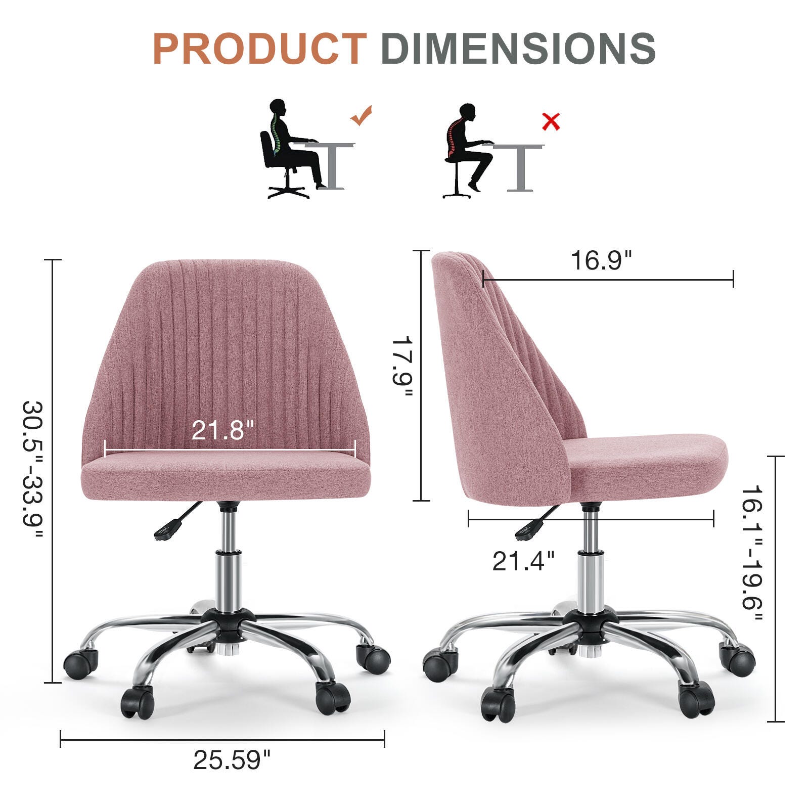 Dovelina Lexcy Armless Home Office Desk Chair, Pink, large