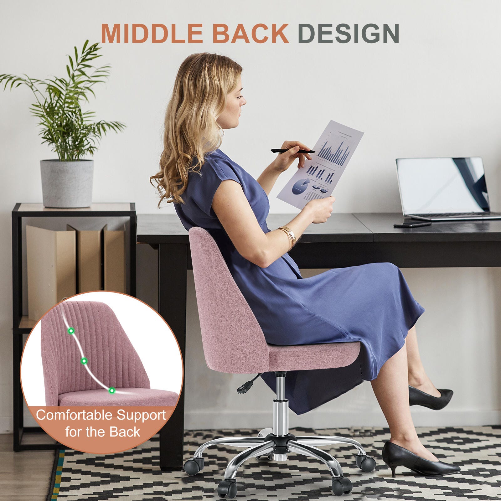 Dovelina Lexcy Armless Home Office Desk Chair, Pink, large
