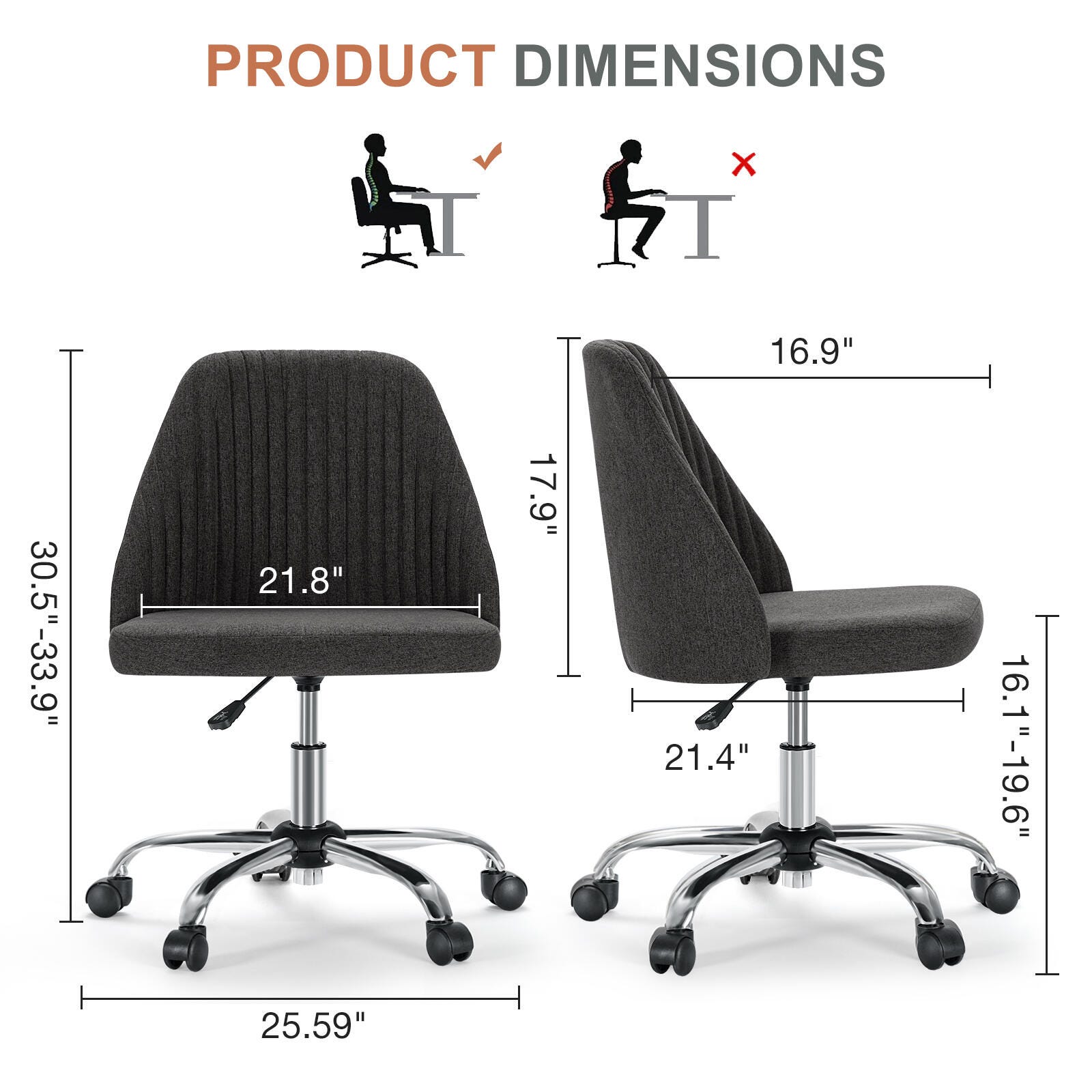 Dovelina Lexcy Armless Home Office Desk Chair, Dark Gray, large