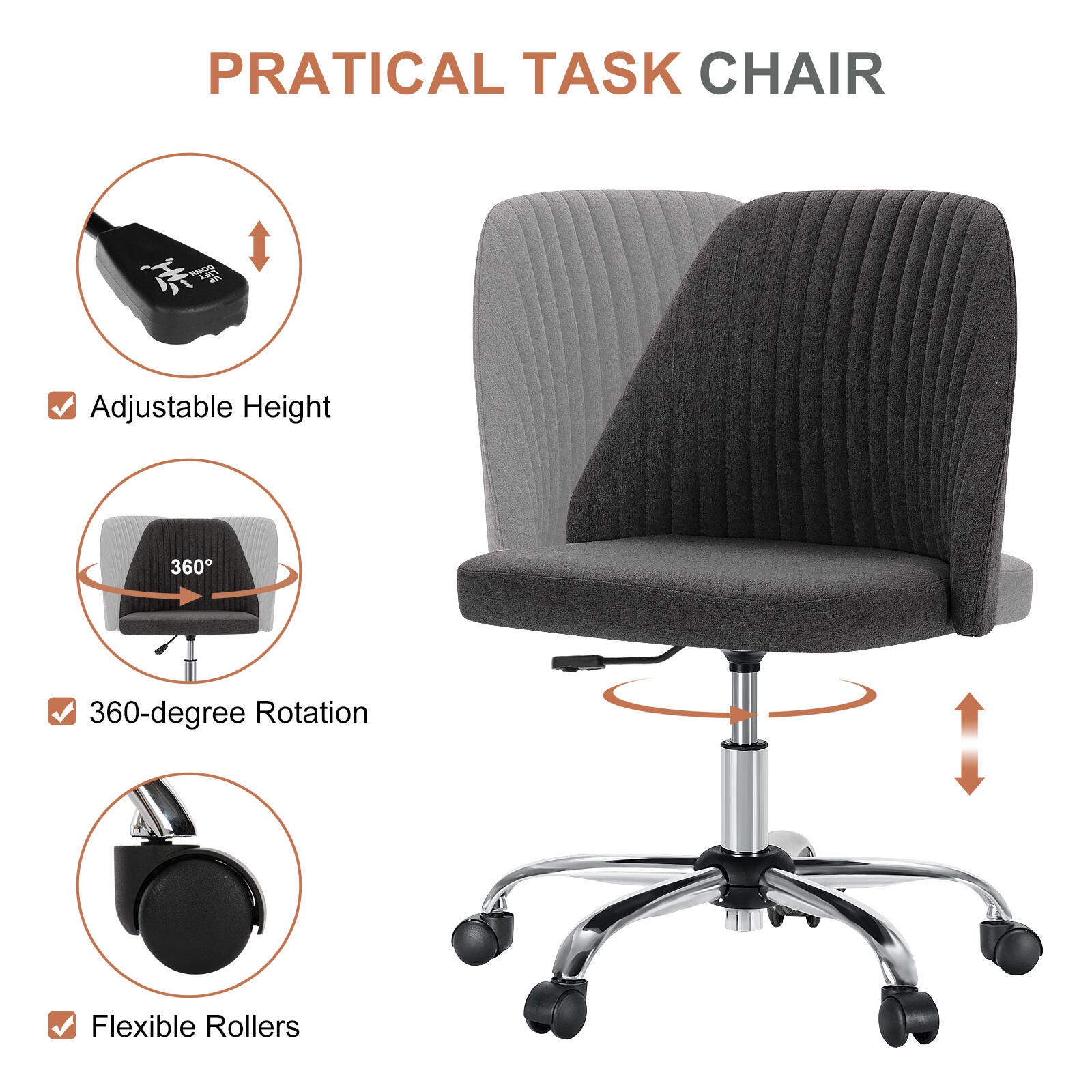 Dovelina Lexcy Armless Home Office Desk Chair, Dark Gray, large