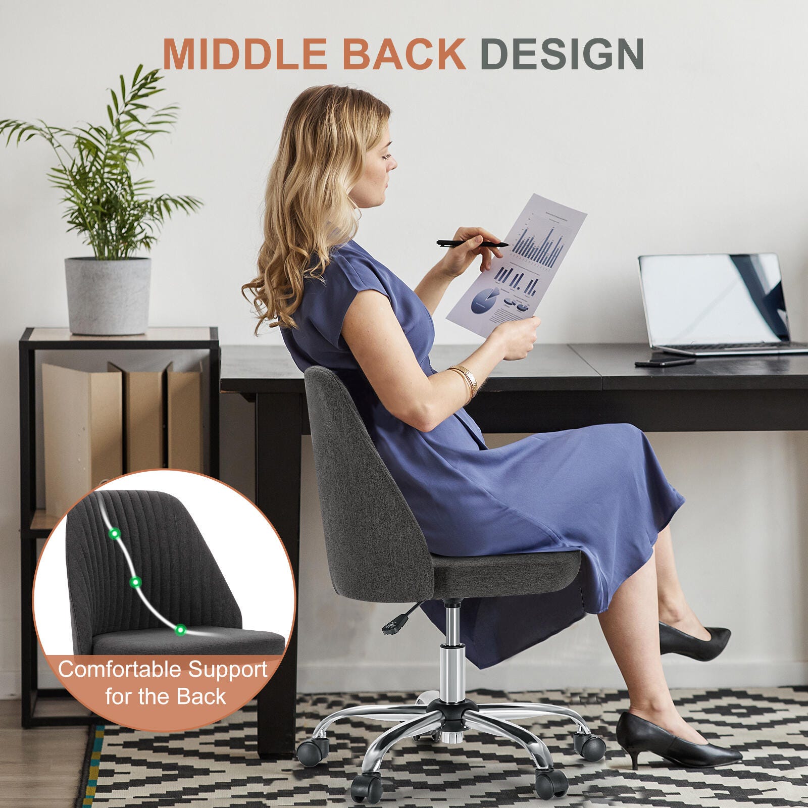 Dovelina Lexcy Armless Home Office Desk Chair, Dark Gray, large