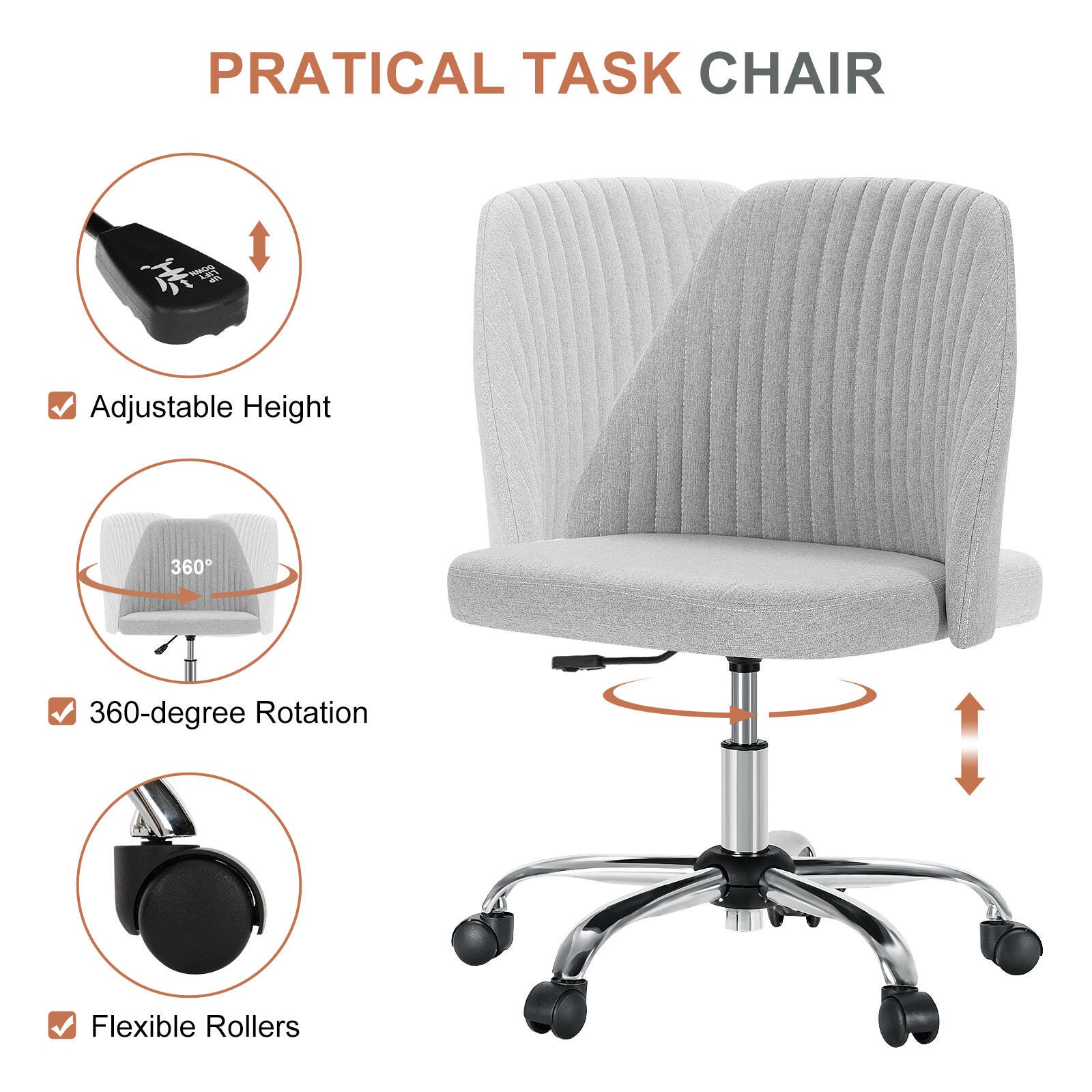 Dovelina Lexcy Armless Home Office Desk Chair, Gray, large