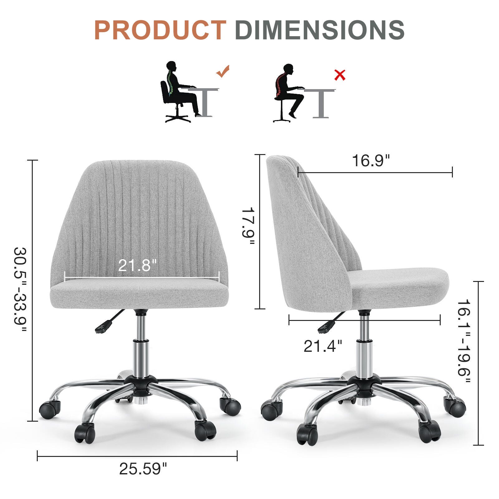 Dovelina Lexcy Armless Home Office Desk Chair, Gray, large