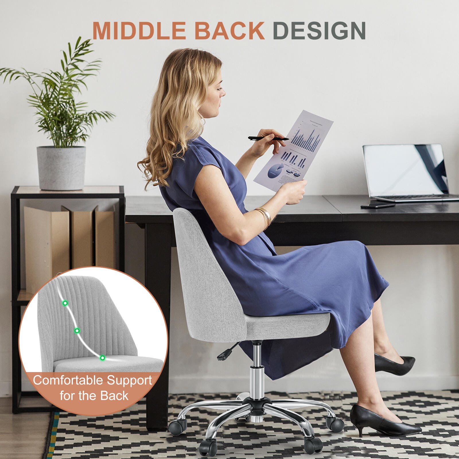 Dovelina Lexcy Armless Home Office Desk Chair, Gray, large