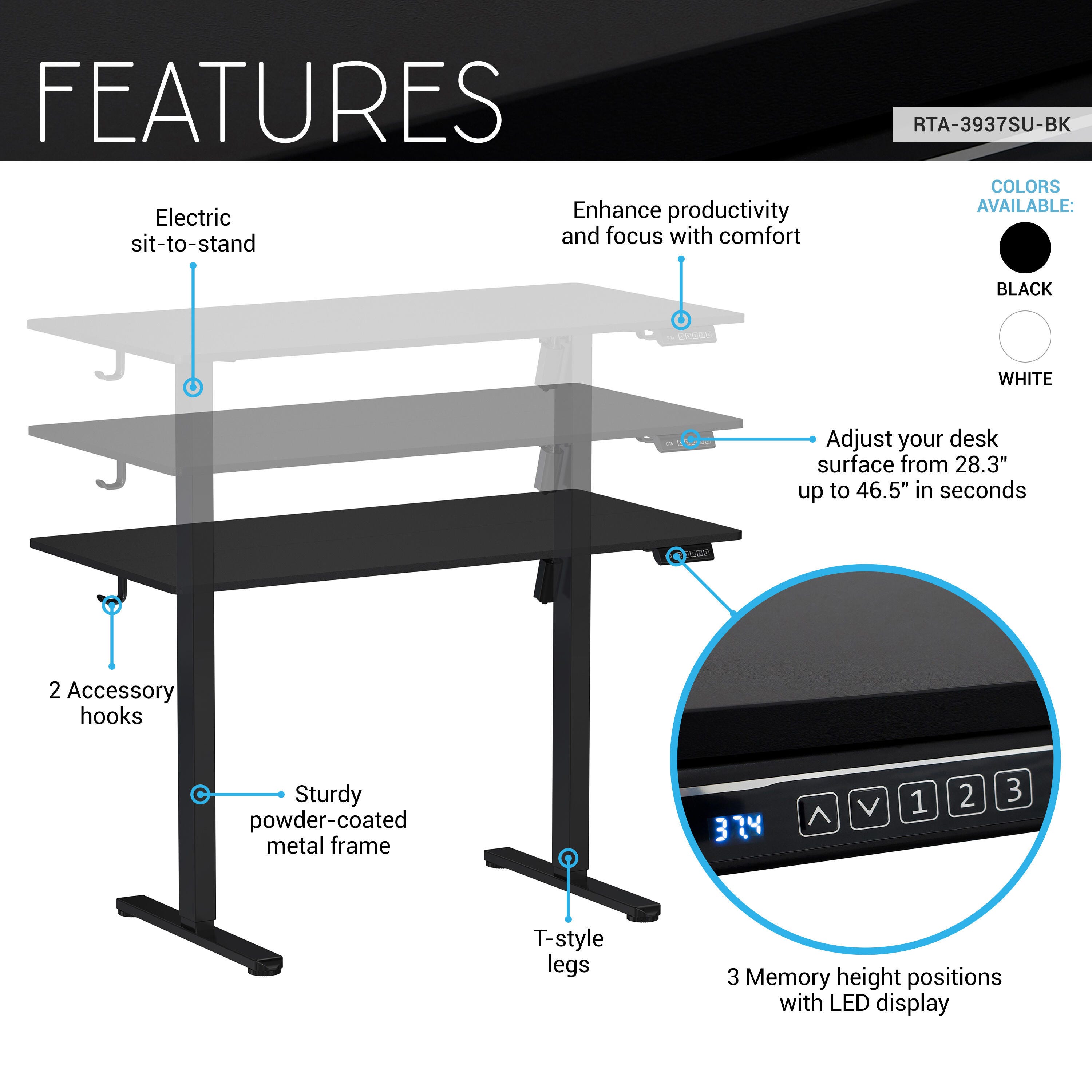 Techni Mobili 47" Home Office Desk, Black, large