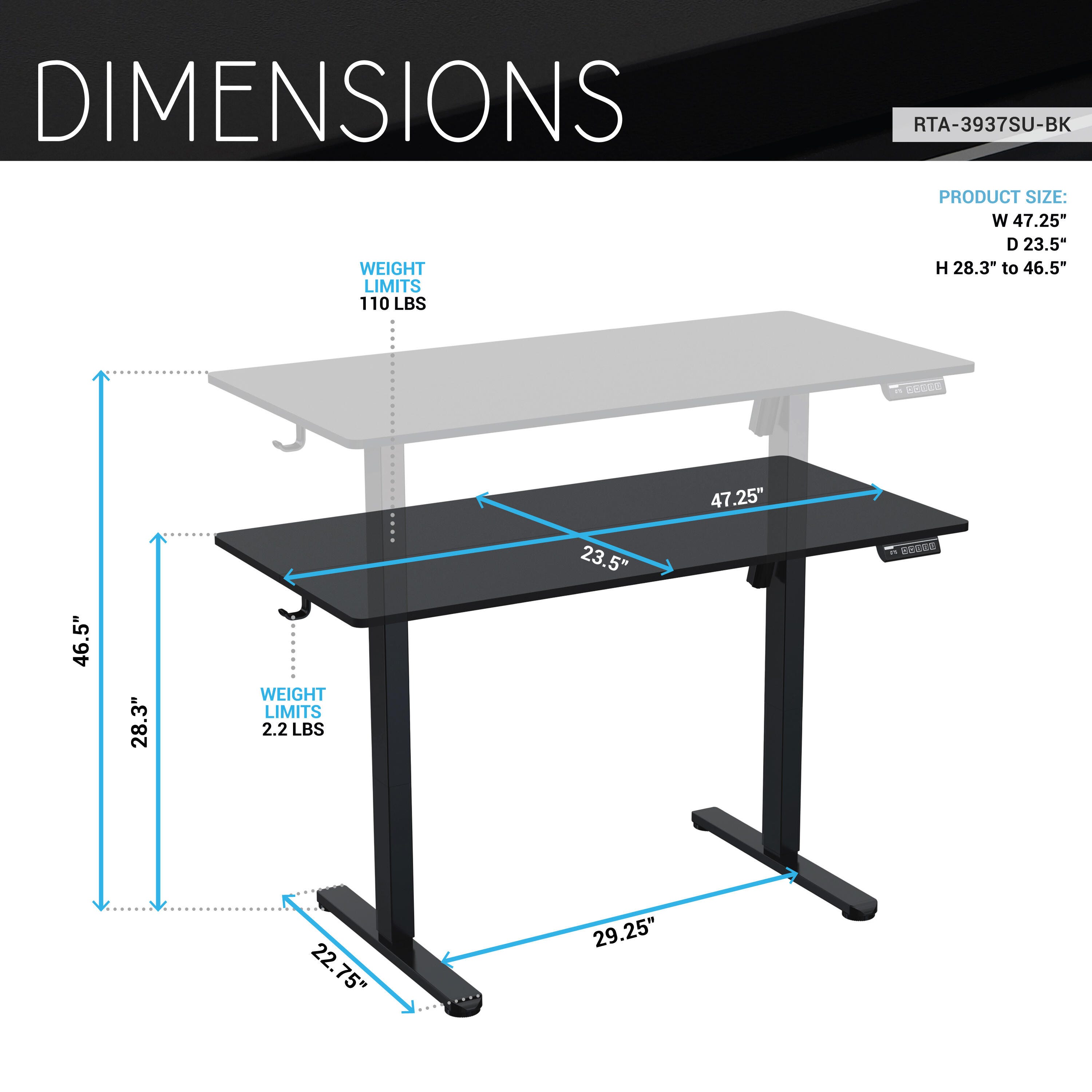 Techni Mobili 47" Home Office Desk, Black, large