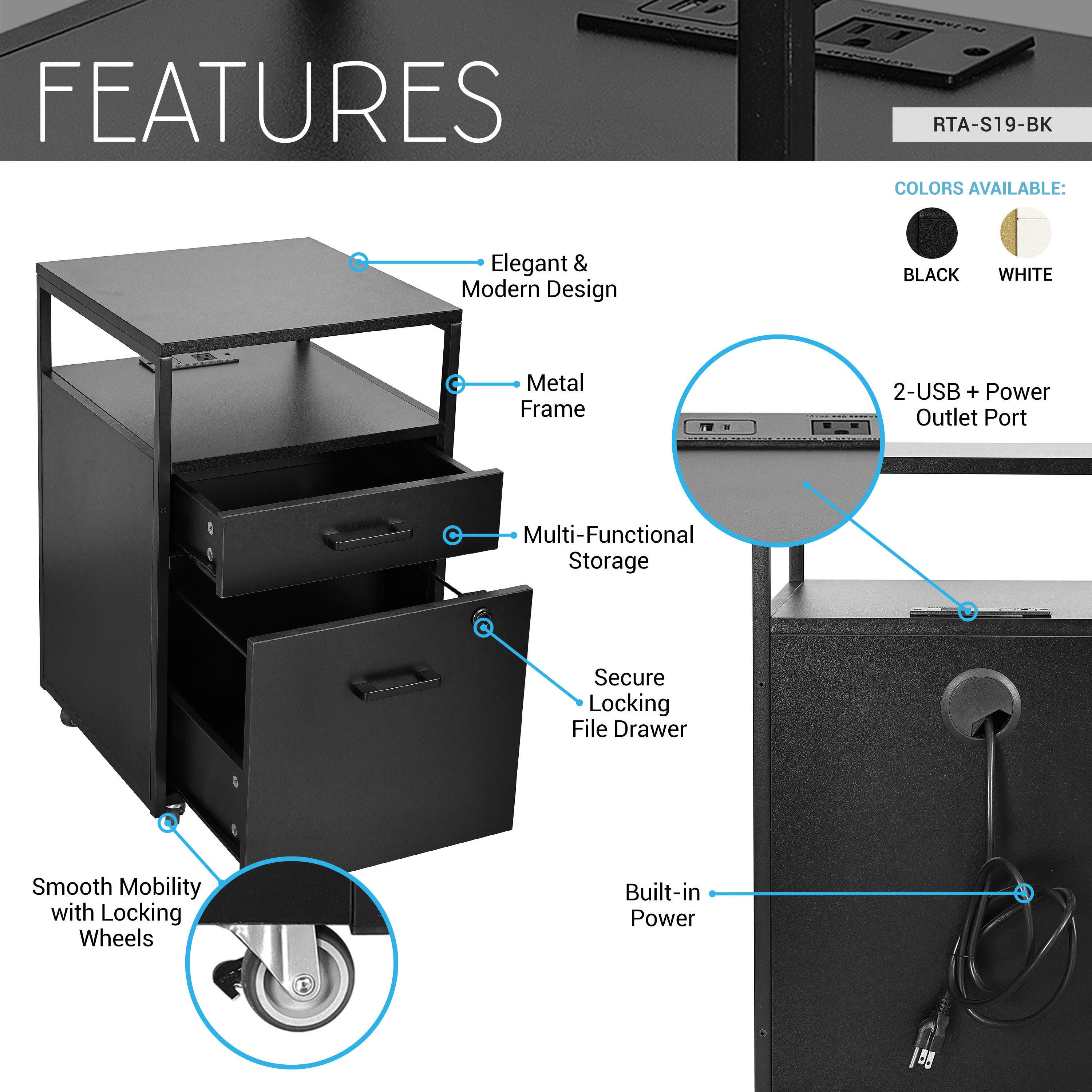 Techni Mobili 2 Drawer File Cabinet, Black, large