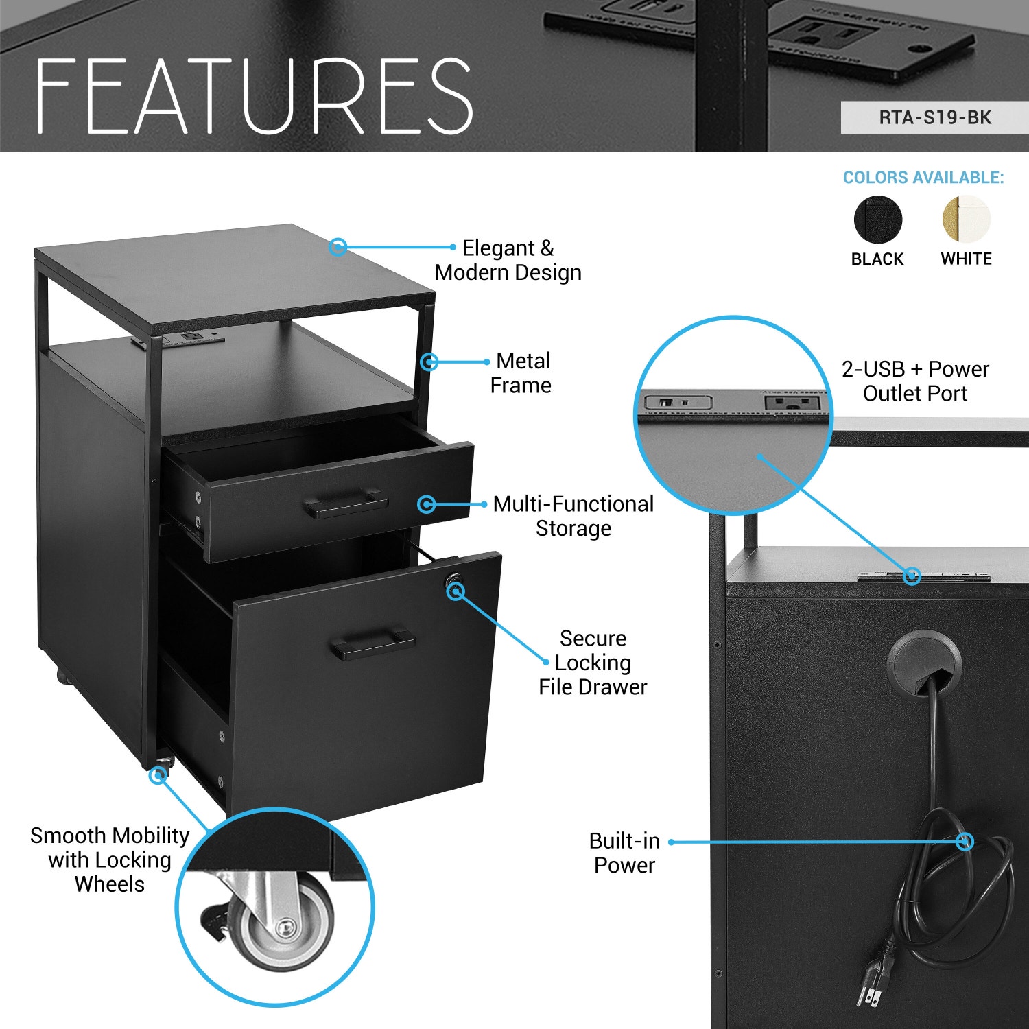 Techni Mobili 2 Drawer File Cabinet, Black, large