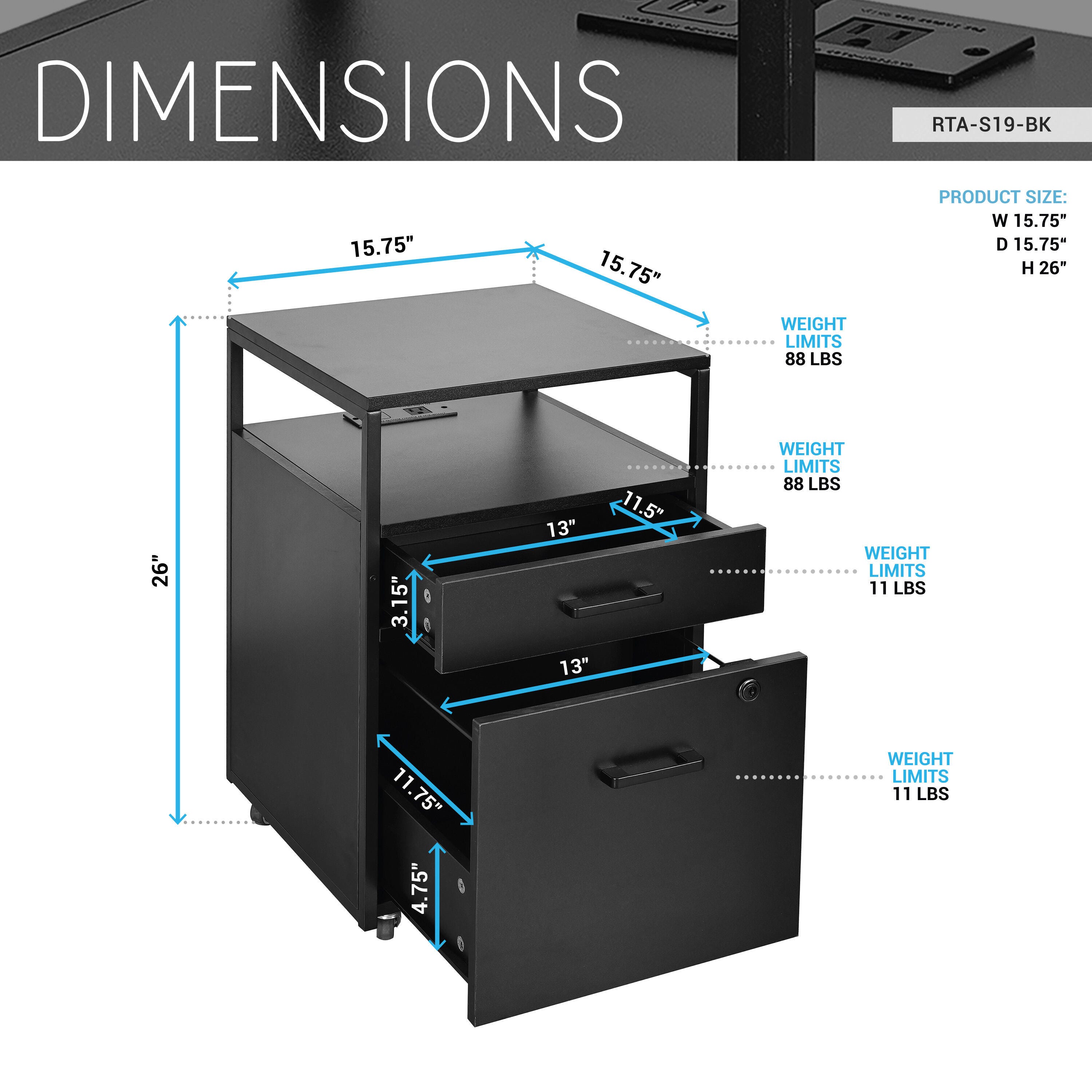 Techni Mobili 2 Drawer File Cabinet, Black, large