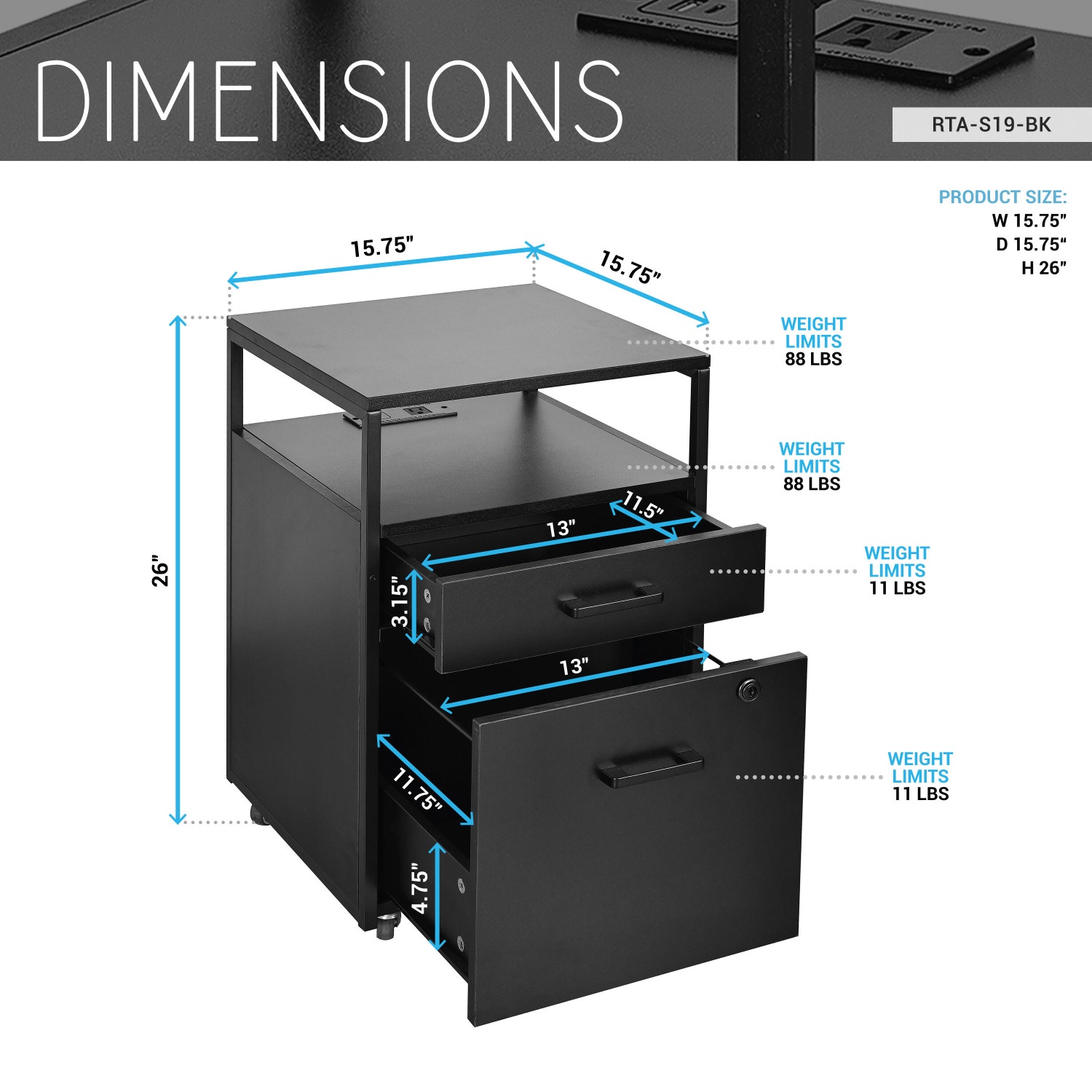 Techni Mobili 2 Drawer File Cabinet, Black, large