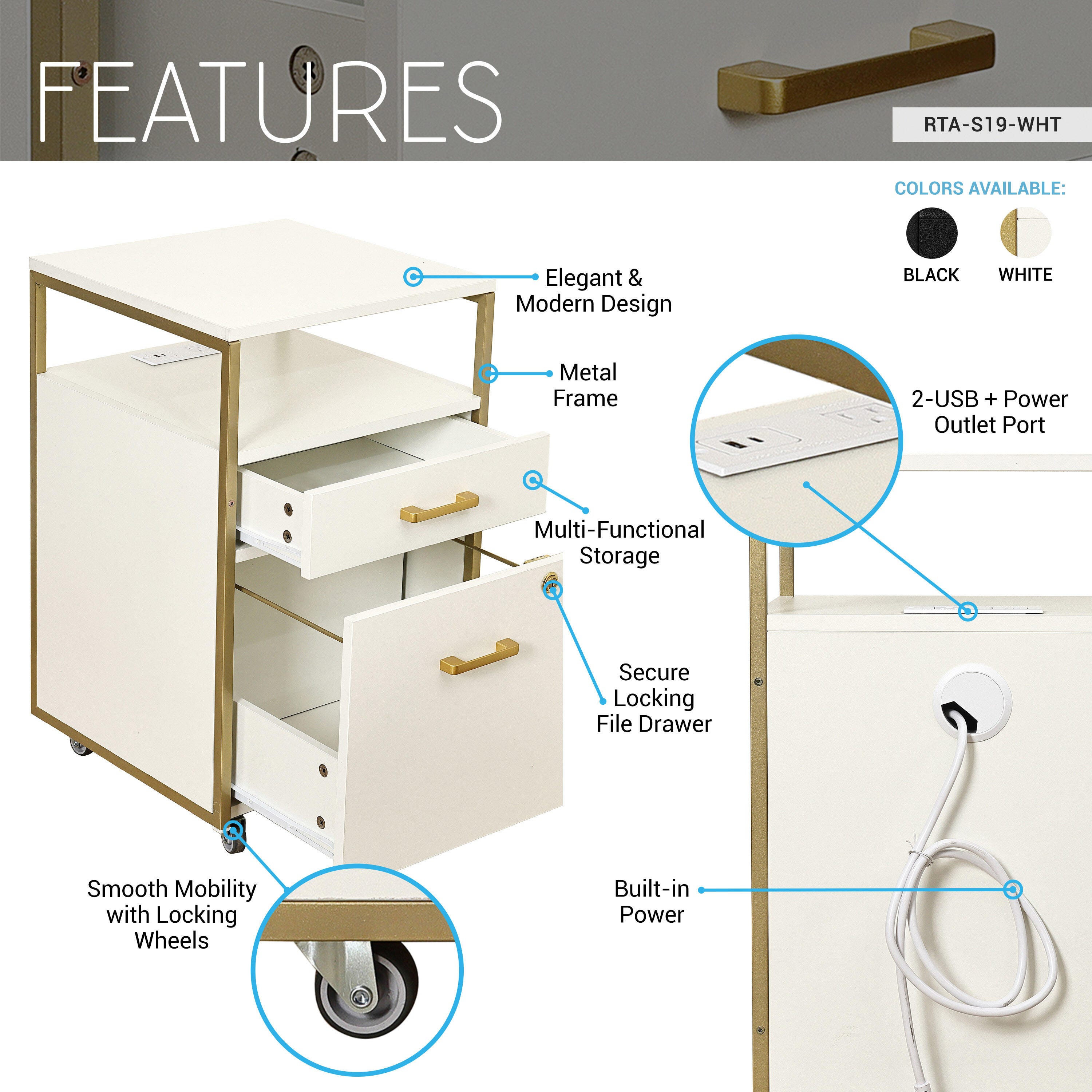 Techni Mobili 2 Drawer File Cabinet, White, large