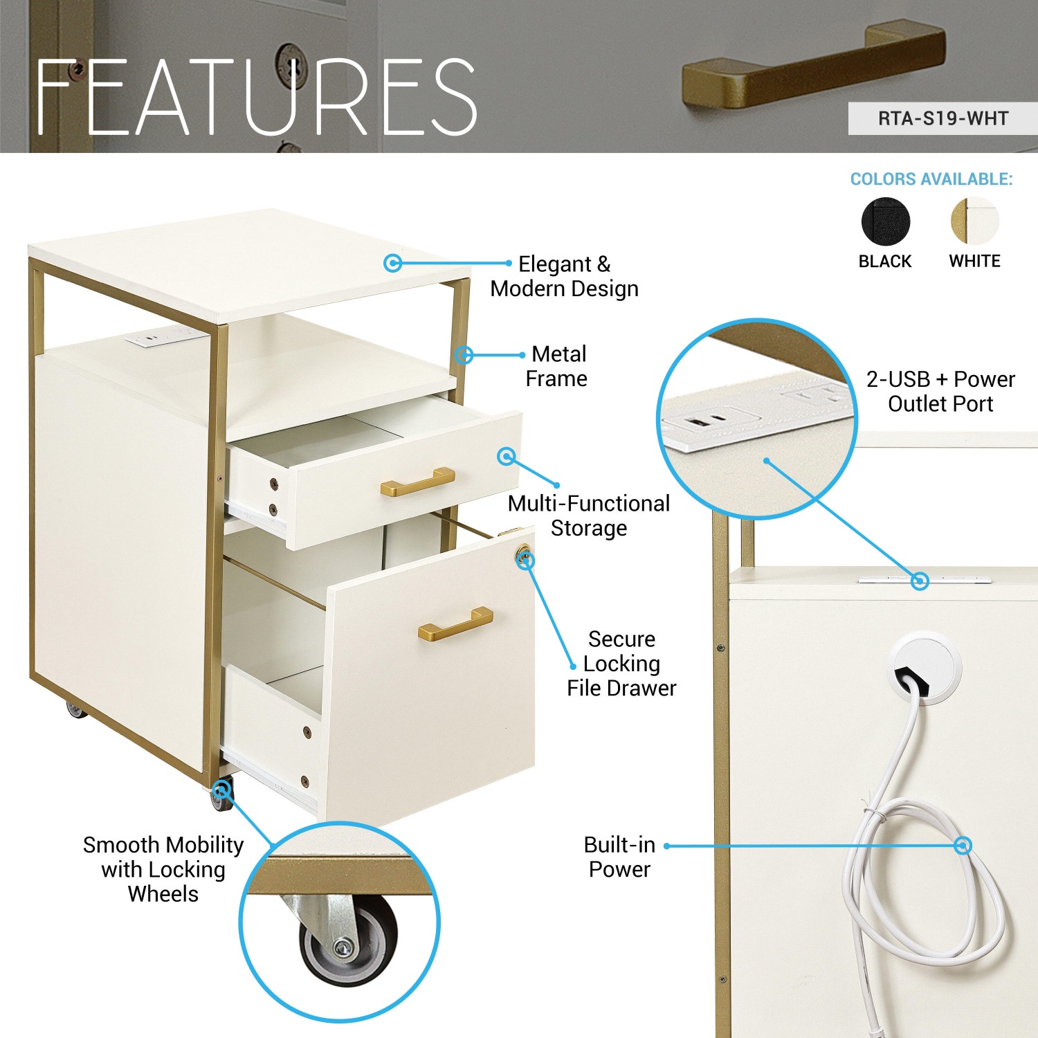 Techni Mobili 2 Drawer File Cabinet, White, large