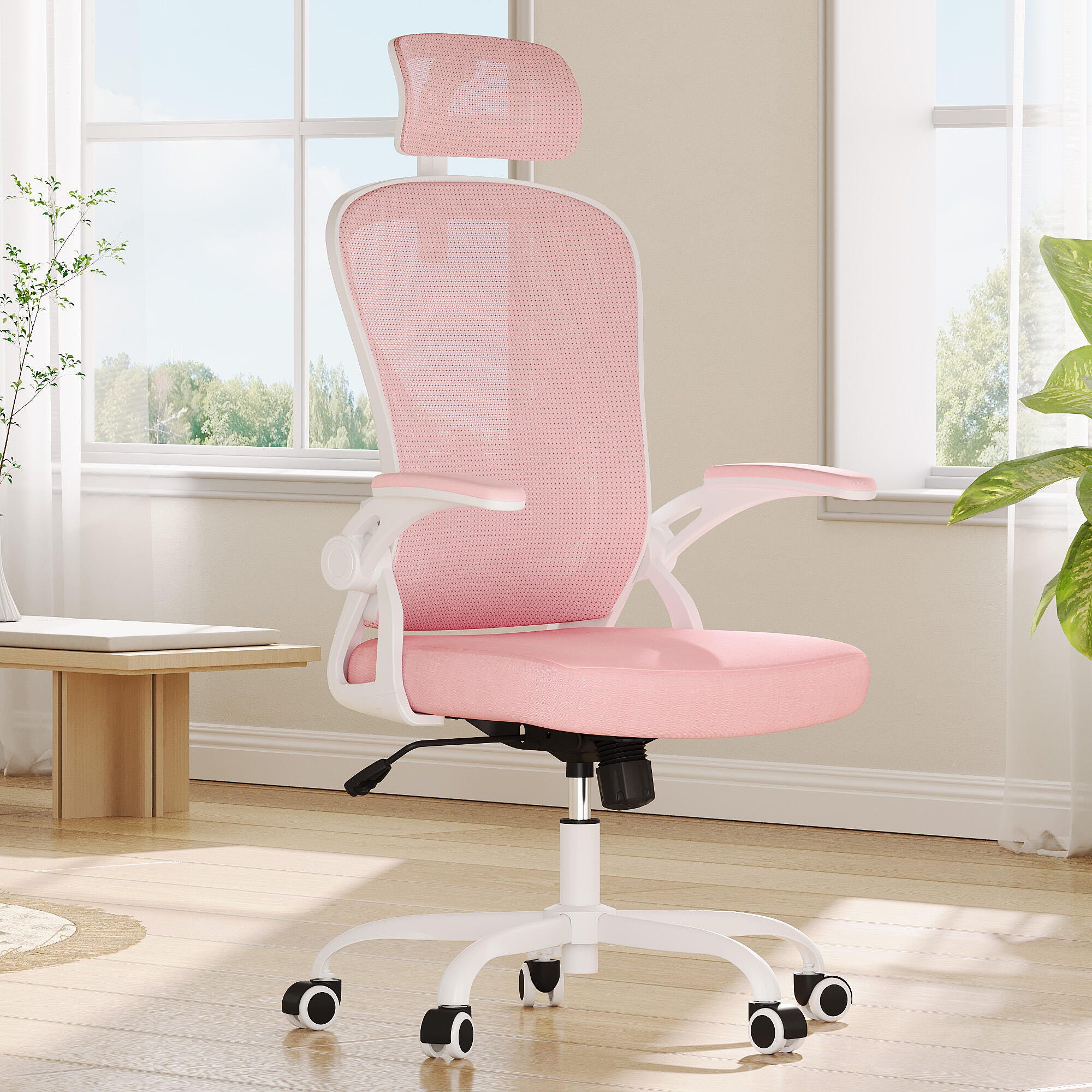 Dovelina Furnique 48" Home Office Desk Chair, Light Pink, rollover