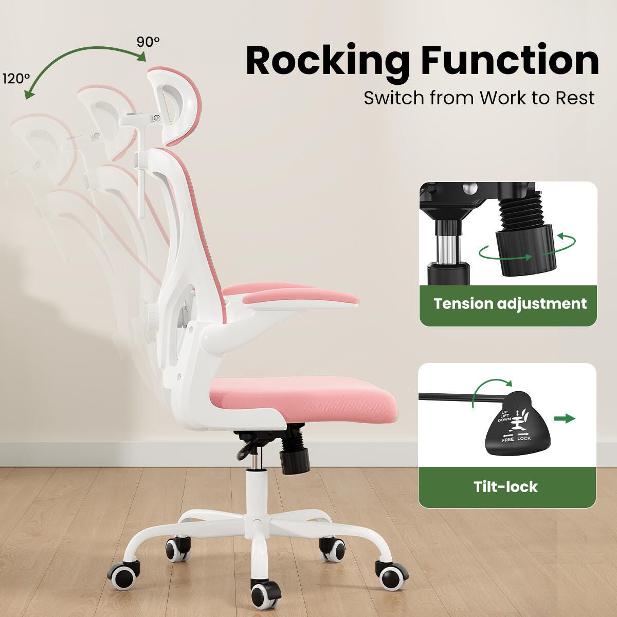 Dovelina Furnique 44" Home Office Desk Chair, Pink, large