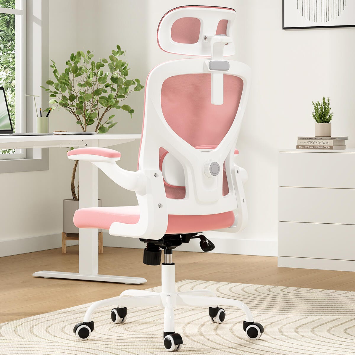 Dovelina Furnique 44" Home Office Desk Chair, Pink, large
