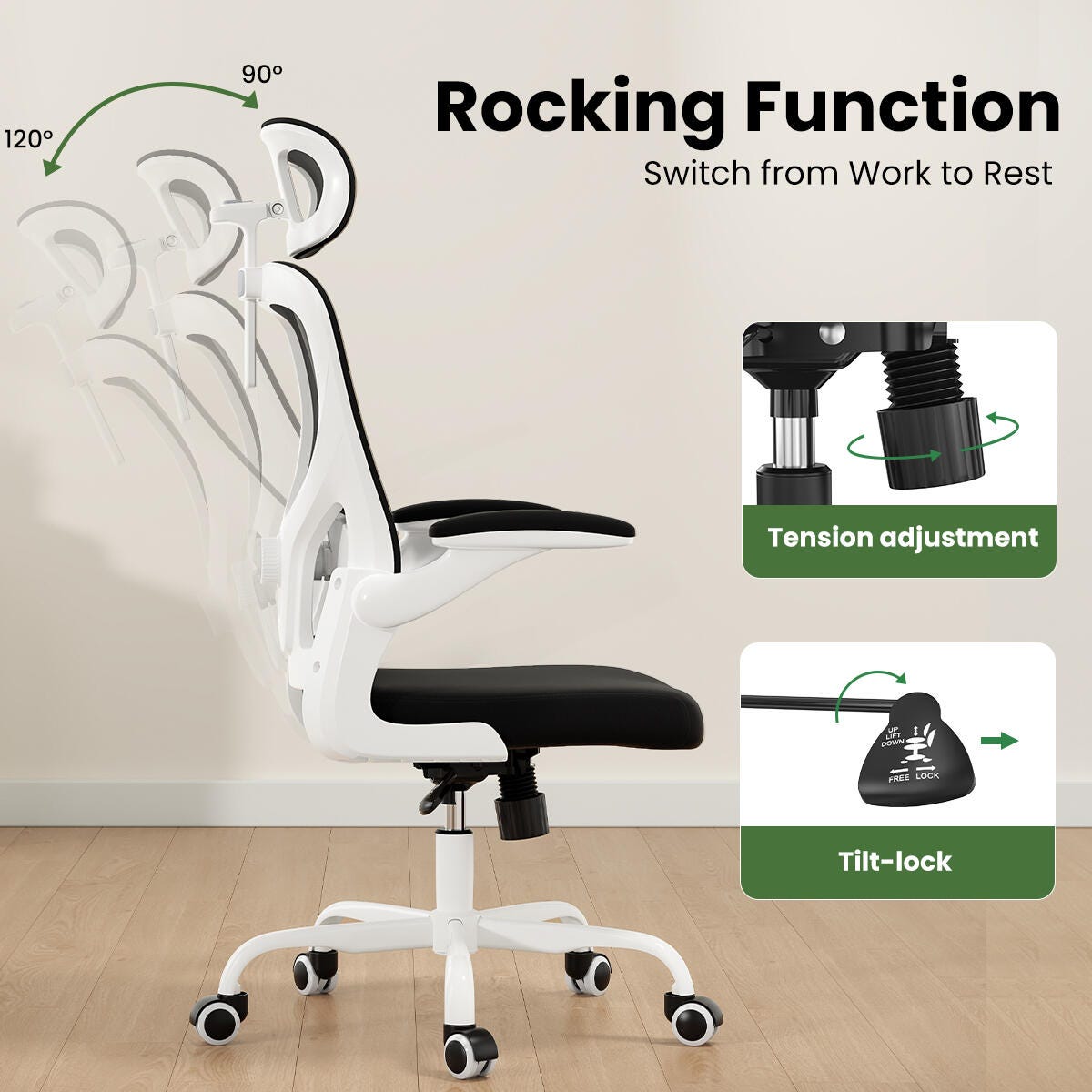 Dovelina Furnique 44" Home Office Desk Chair, White/Black, large
