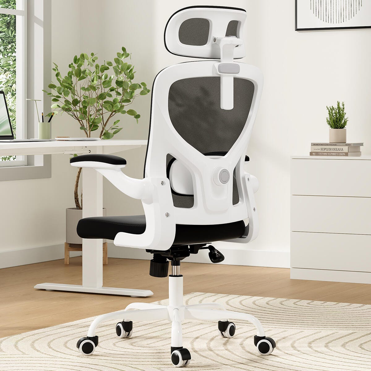 Dovelina Furnique 44" Home Office Desk Chair, White/Black, large