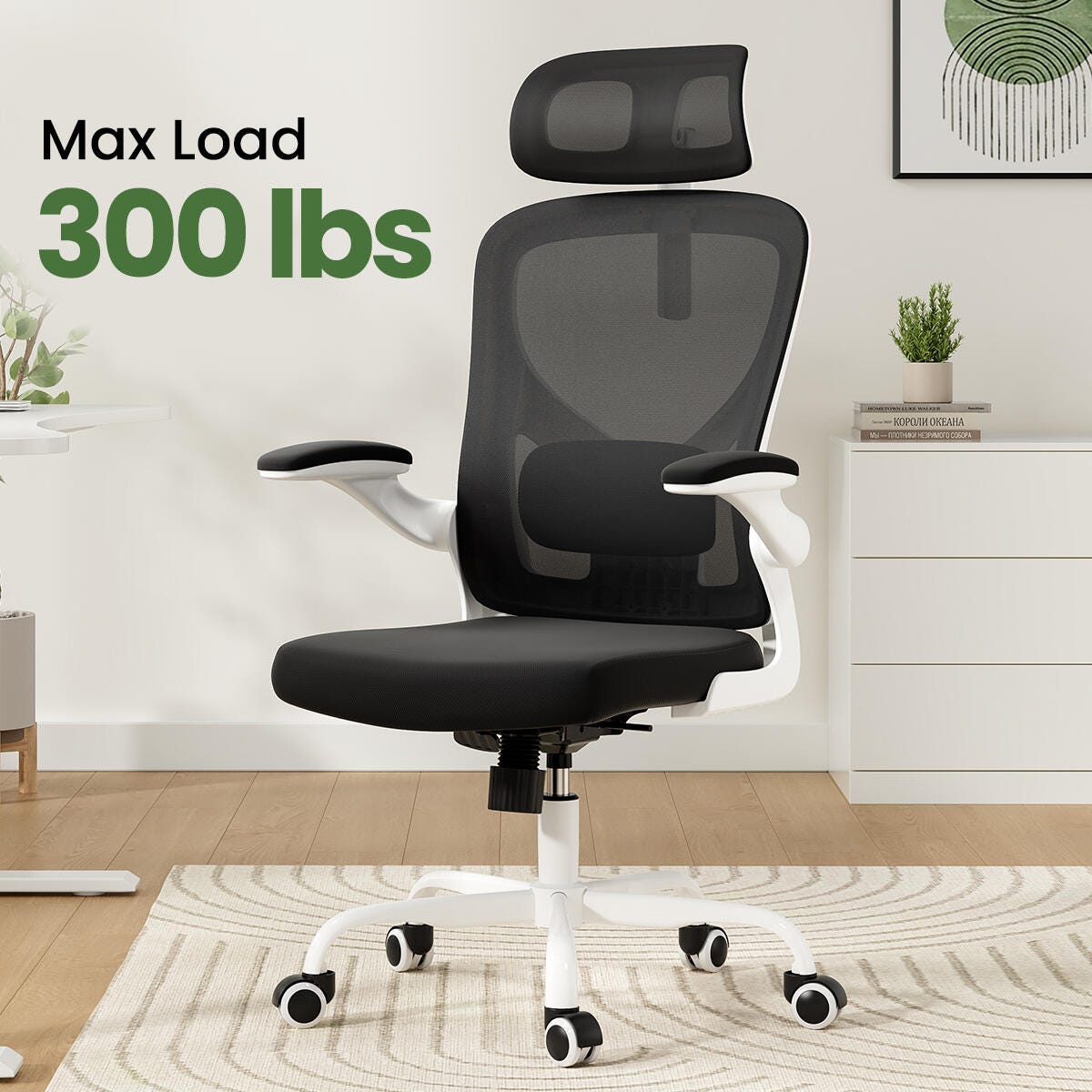 Dovelina Furnique 44" Home Office Desk Chair, White/Black, large